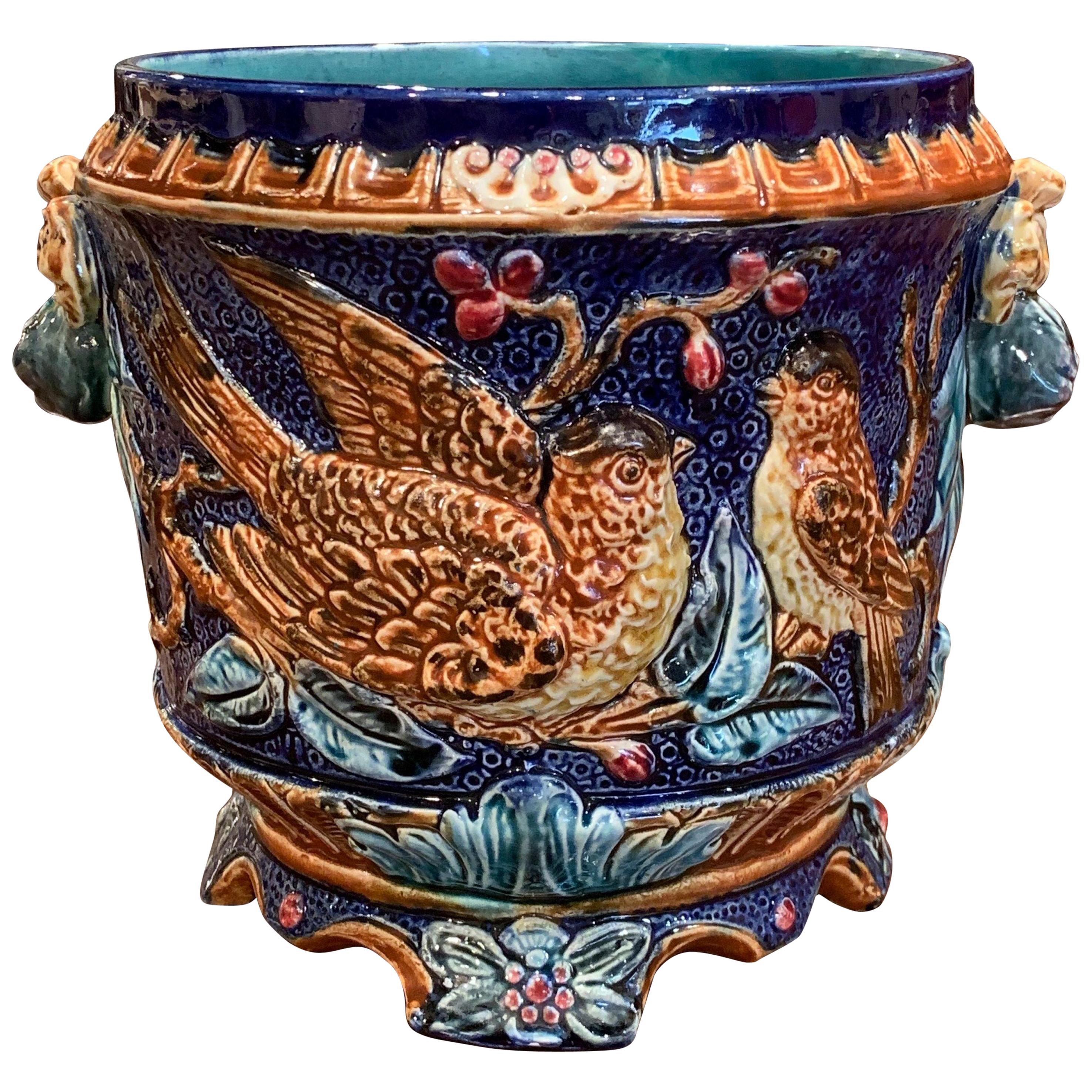 19th Century French Painted Ceramic Barbotine Cache Pot with Doves and Foliage