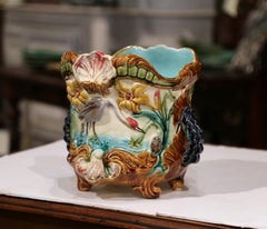 19th Century French Painted Ceramic Barbotine Cache Pot with Flamingos and Reeds