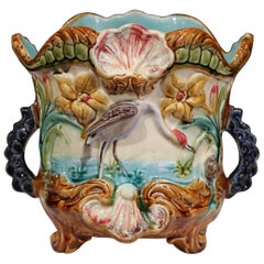 Antique 19th Century French Painted Ceramic Barbotine Cache Pot with Flamingos and Reeds