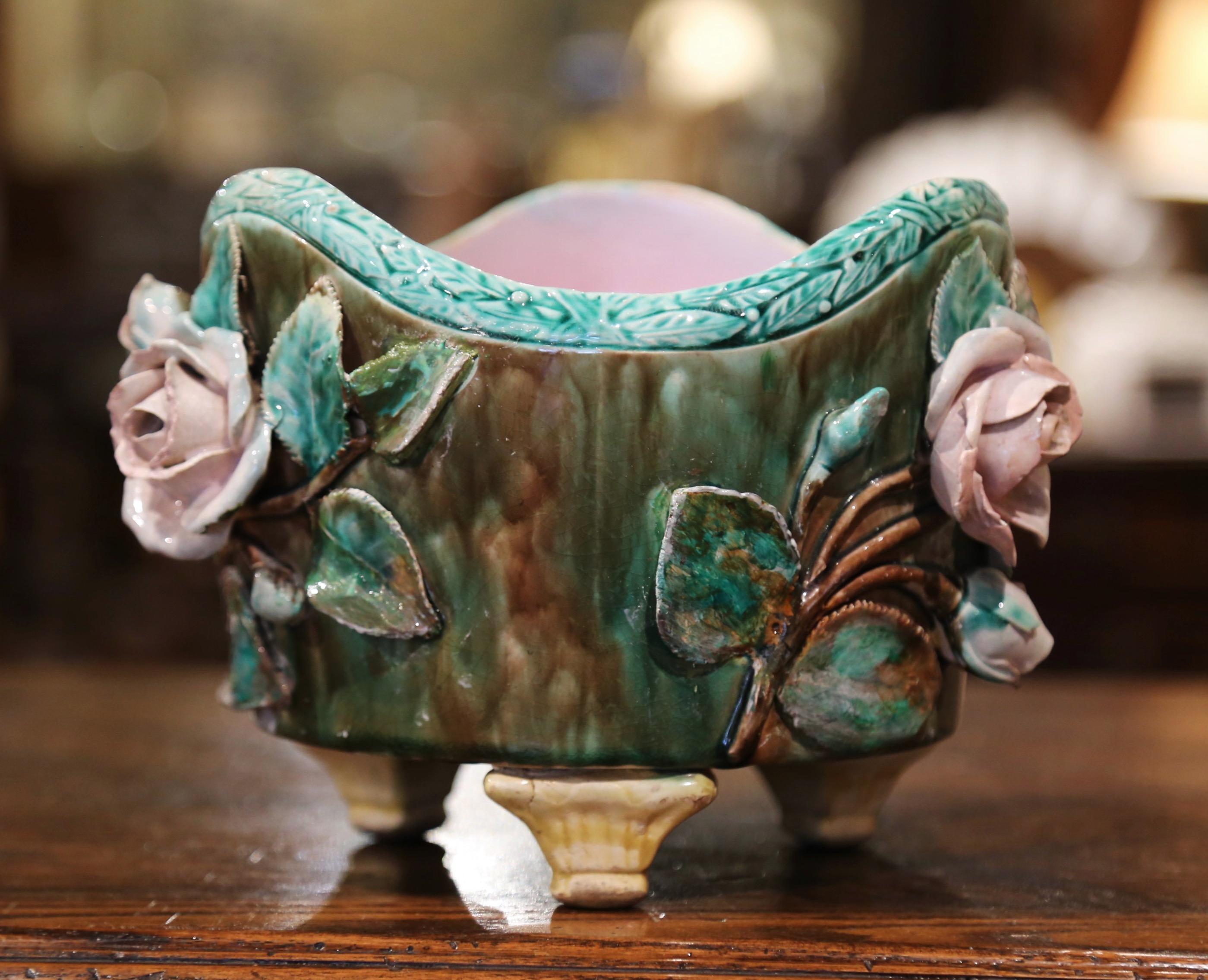 Hand-Crafted 19th Century French Painted Ceramic Barbotine Cache Pot with Floral Decor