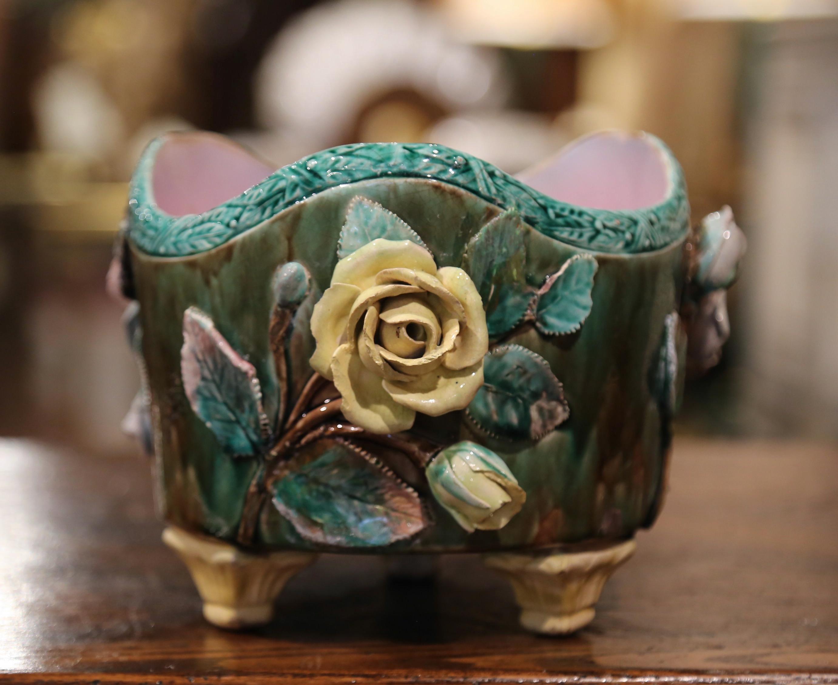 19th Century French Painted Ceramic Barbotine Cache Pot with Floral Decor In Good Condition In Dallas, TX