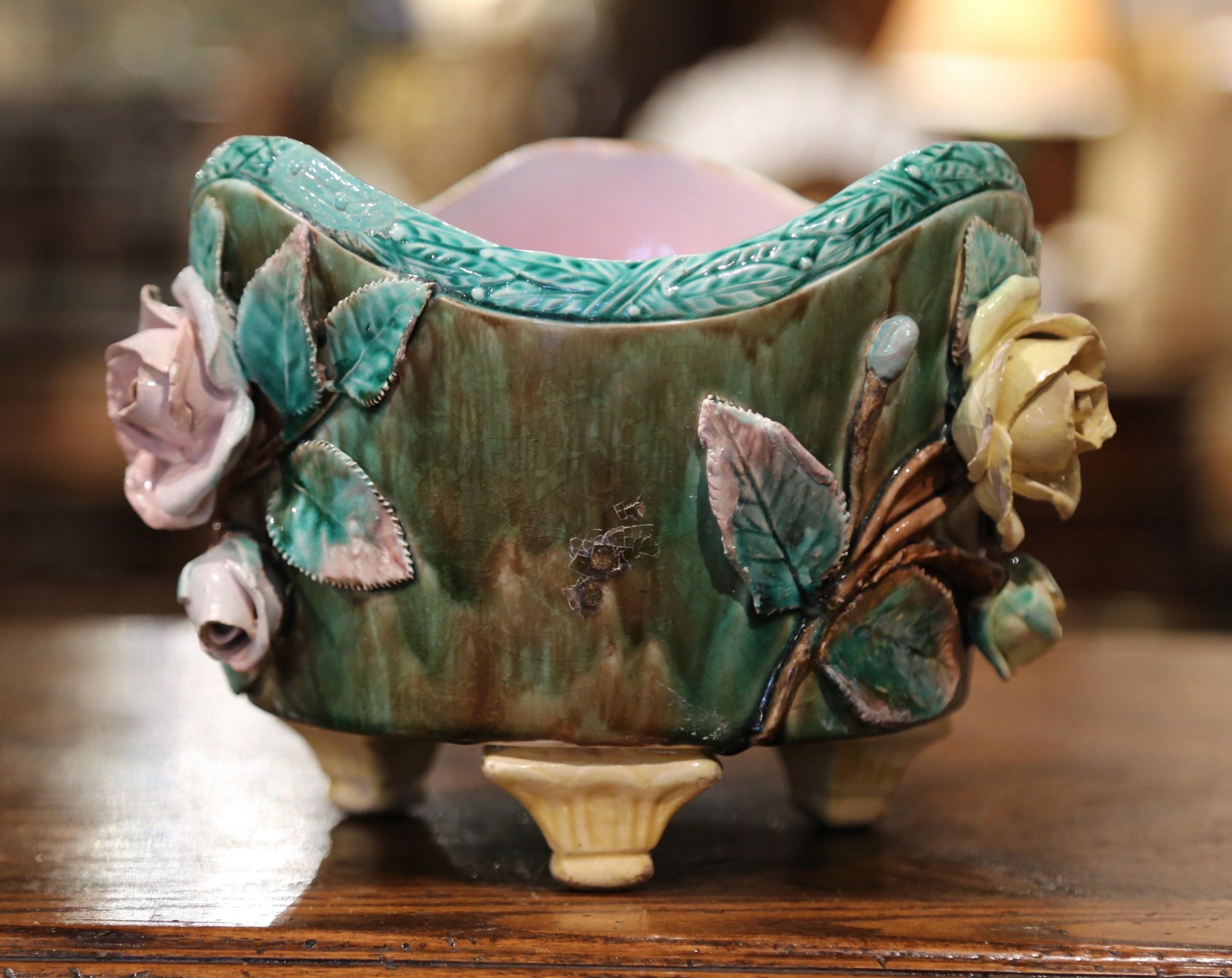 19th Century French Painted Ceramic Barbotine Cache Pot with Floral Decor 3