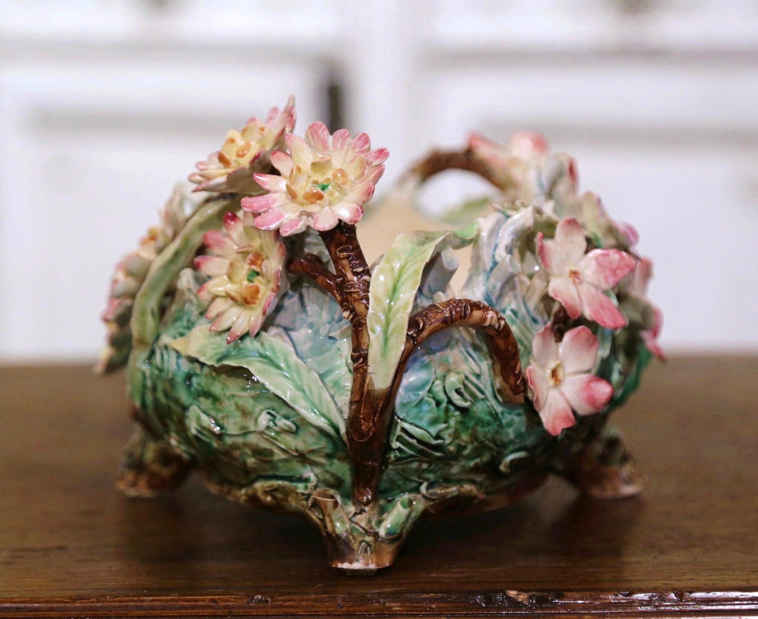 Pot à Cache Barbotine en céramique peinte du 19ème siècle avec décor floral 1