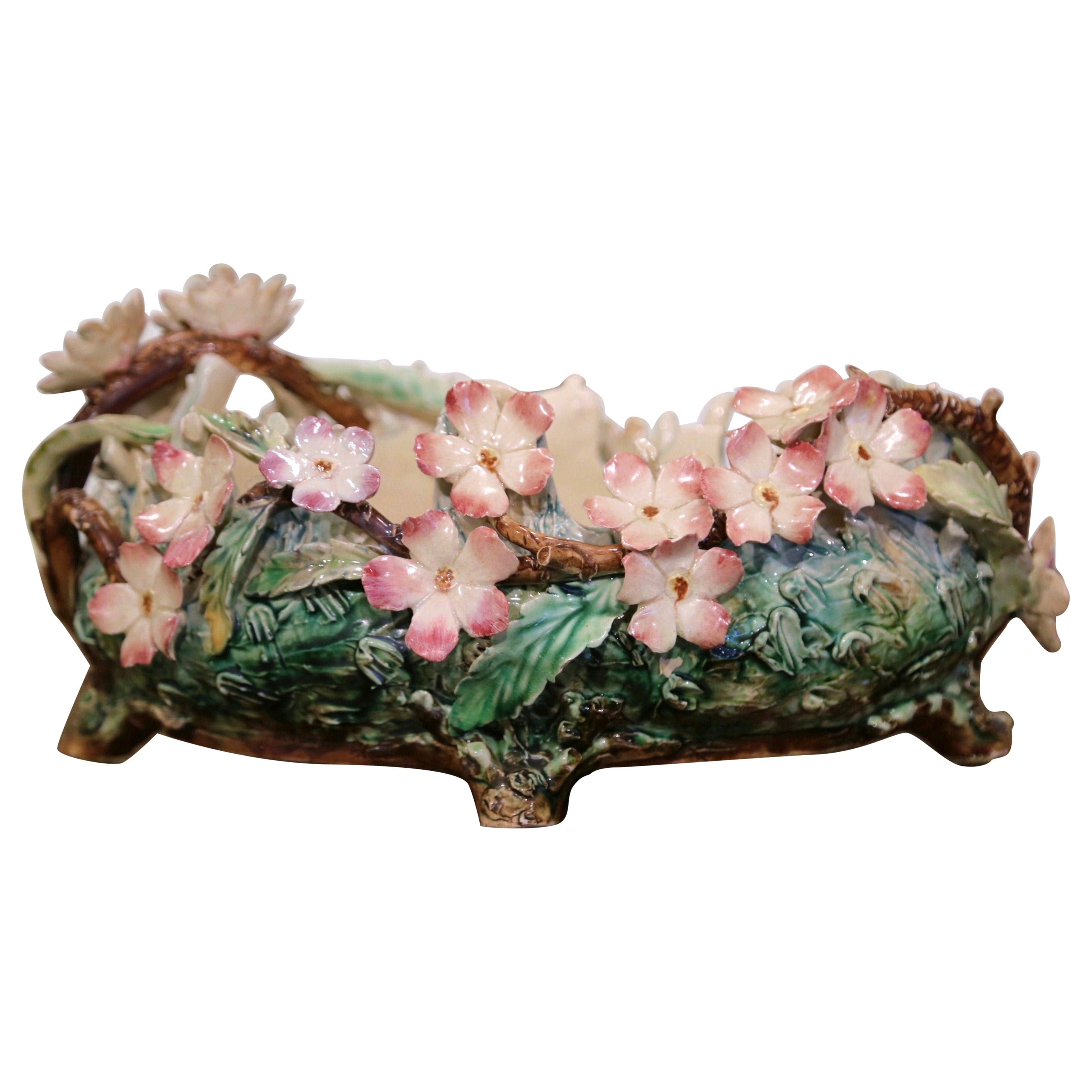 Pot à Cache Barbotine en céramique peinte du 19ème siècle avec décor floral