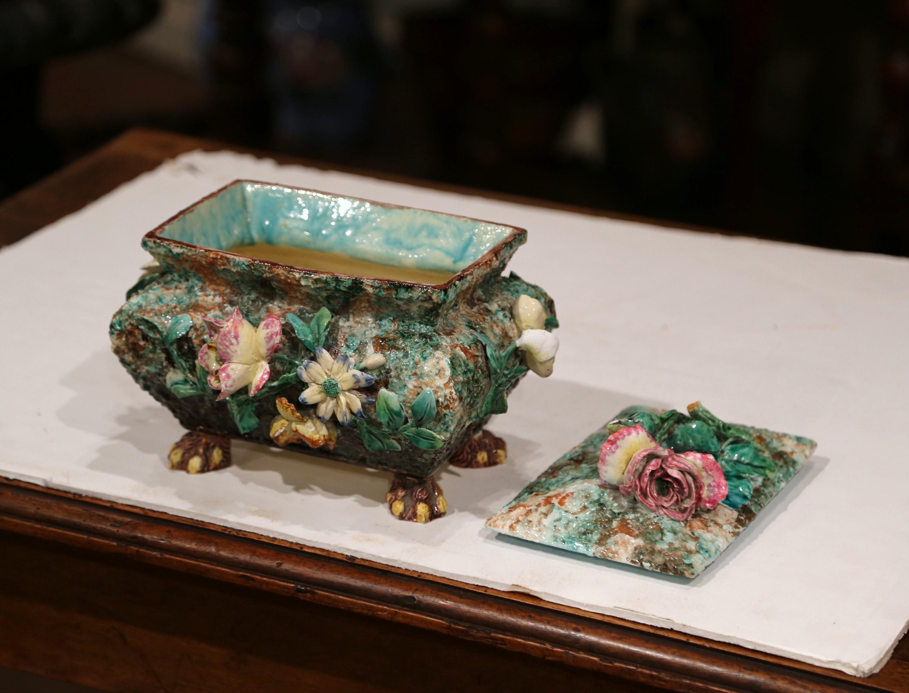 Hand-Crafted 19th Century French Painted Ceramic Barbotine Box with Floral Motif