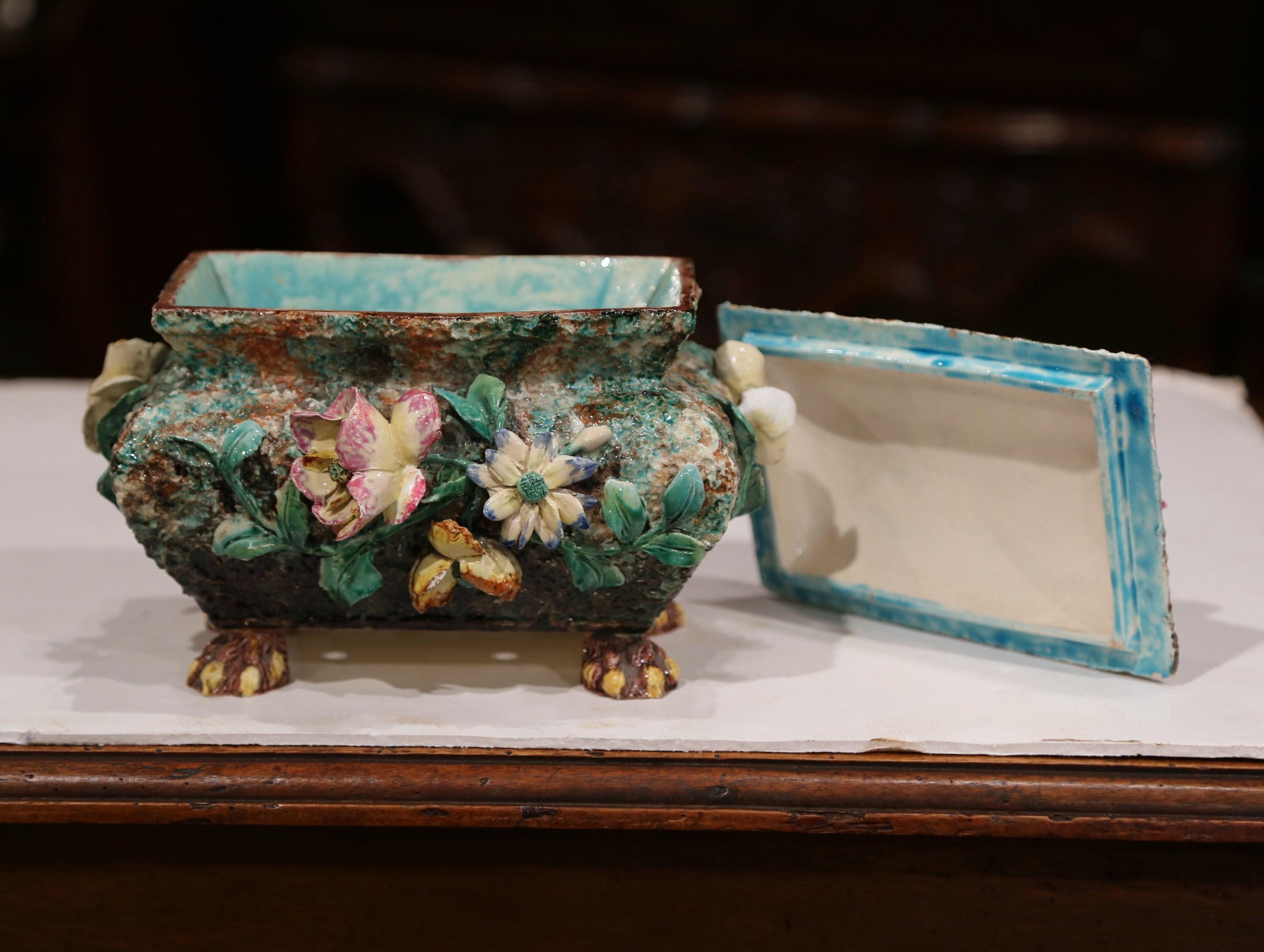 19th Century French Painted Ceramic Barbotine Box with Floral Motif 3