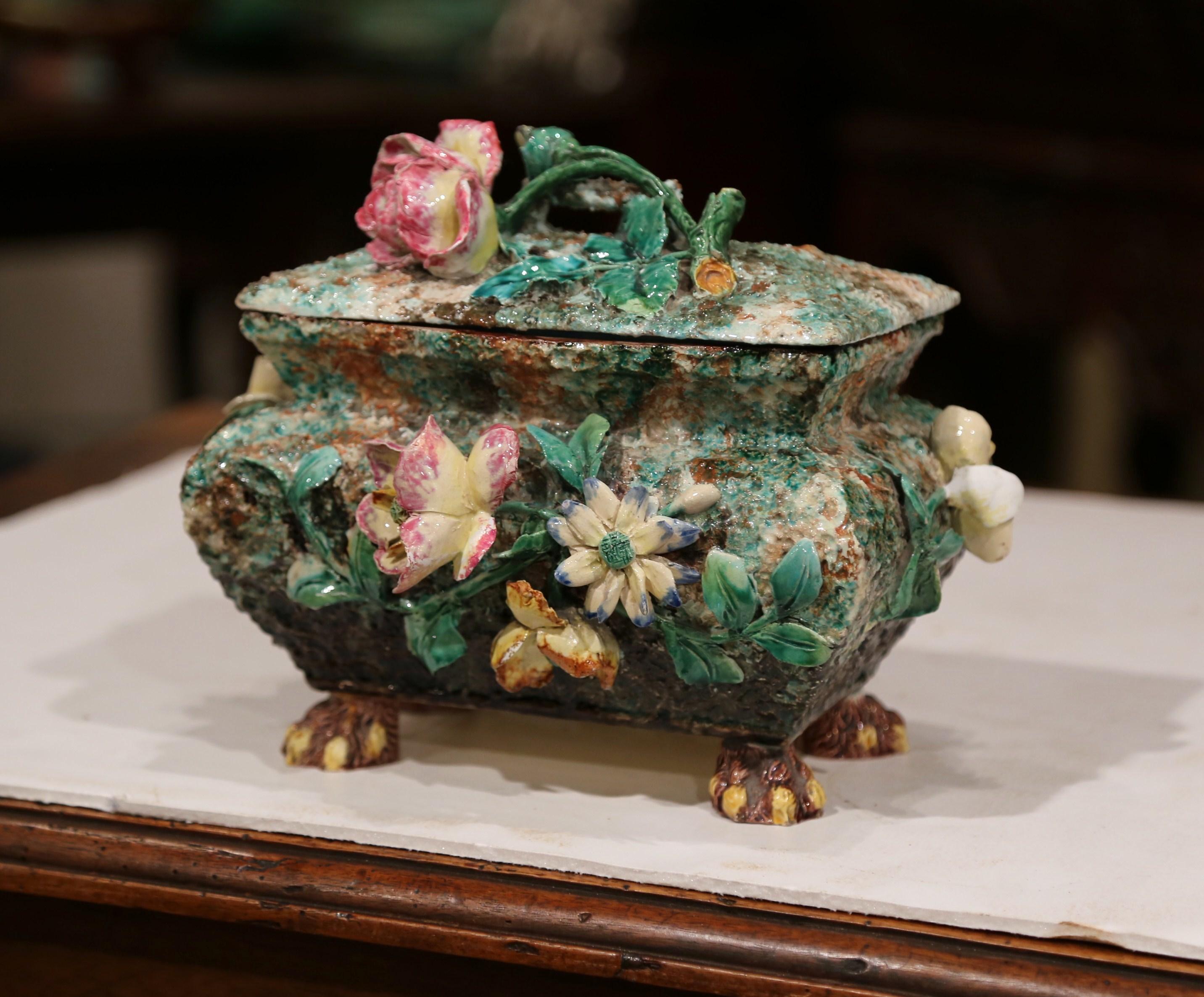 19th Century French Painted Ceramic Barbotine Box with Floral Motif 4