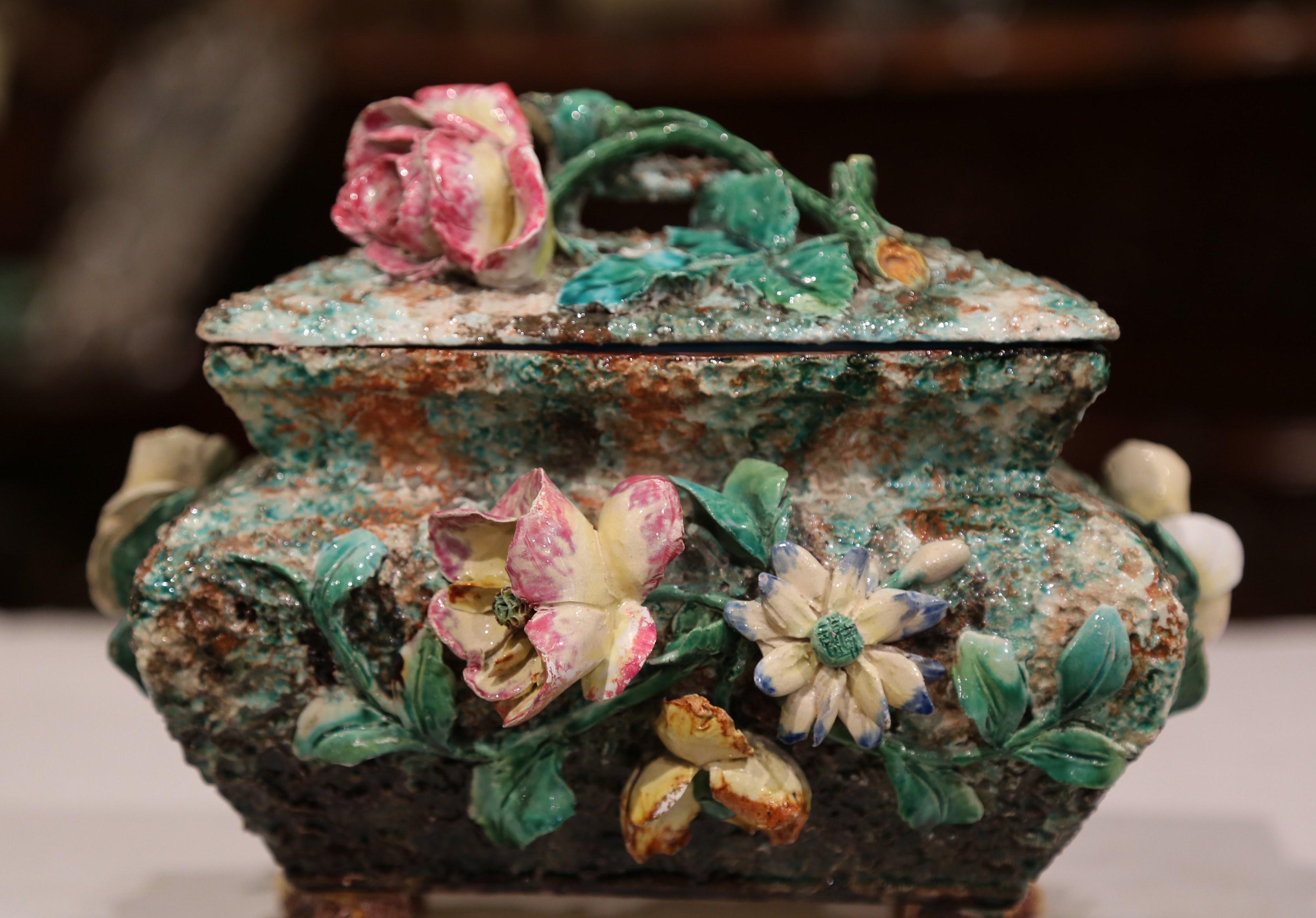 19th Century French Painted Ceramic Barbotine Box with Floral Motif 5