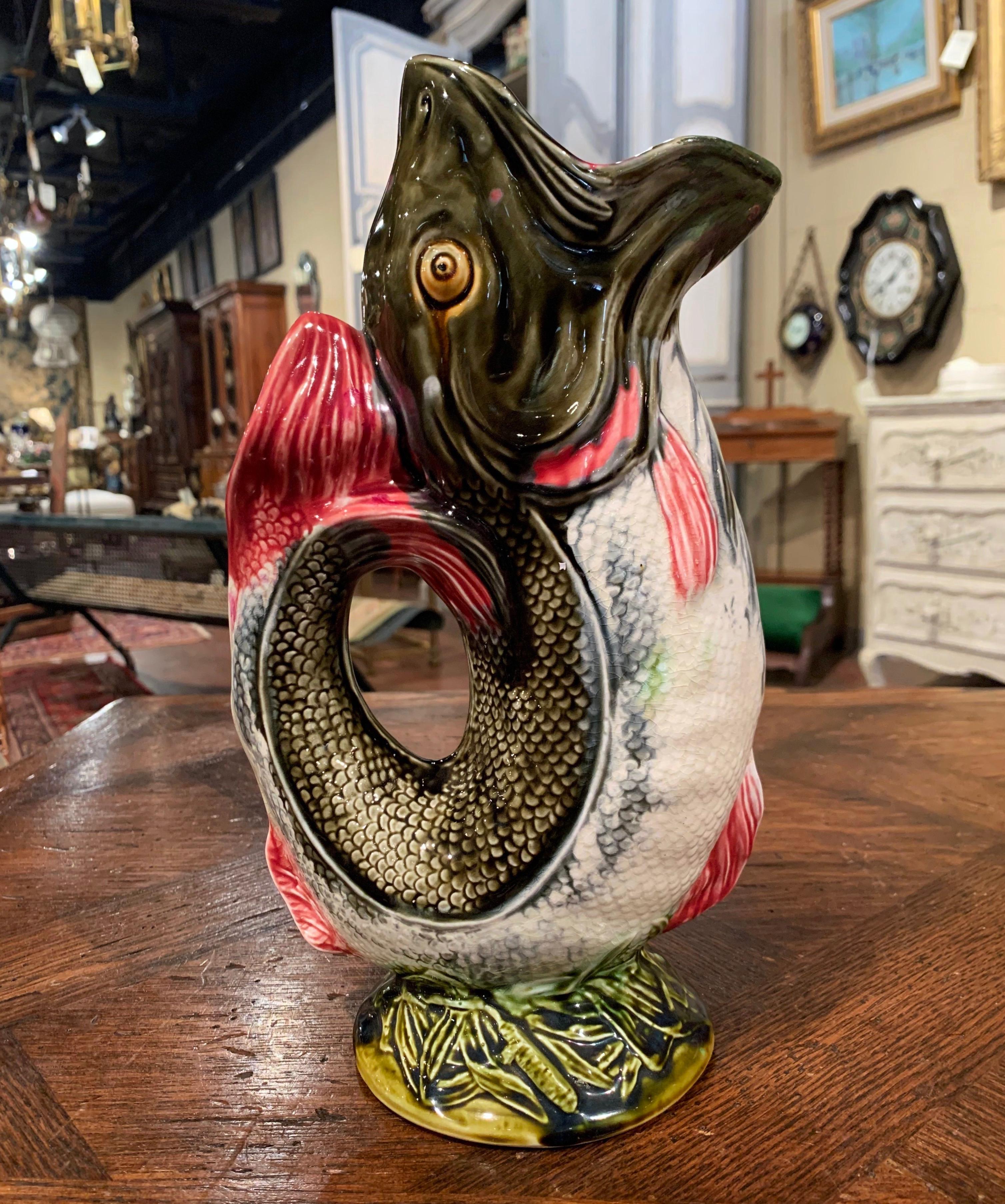 19th Century French Painted Ceramic Barbotine Fish Pitcher by Onnaing In Excellent Condition In Dallas, TX