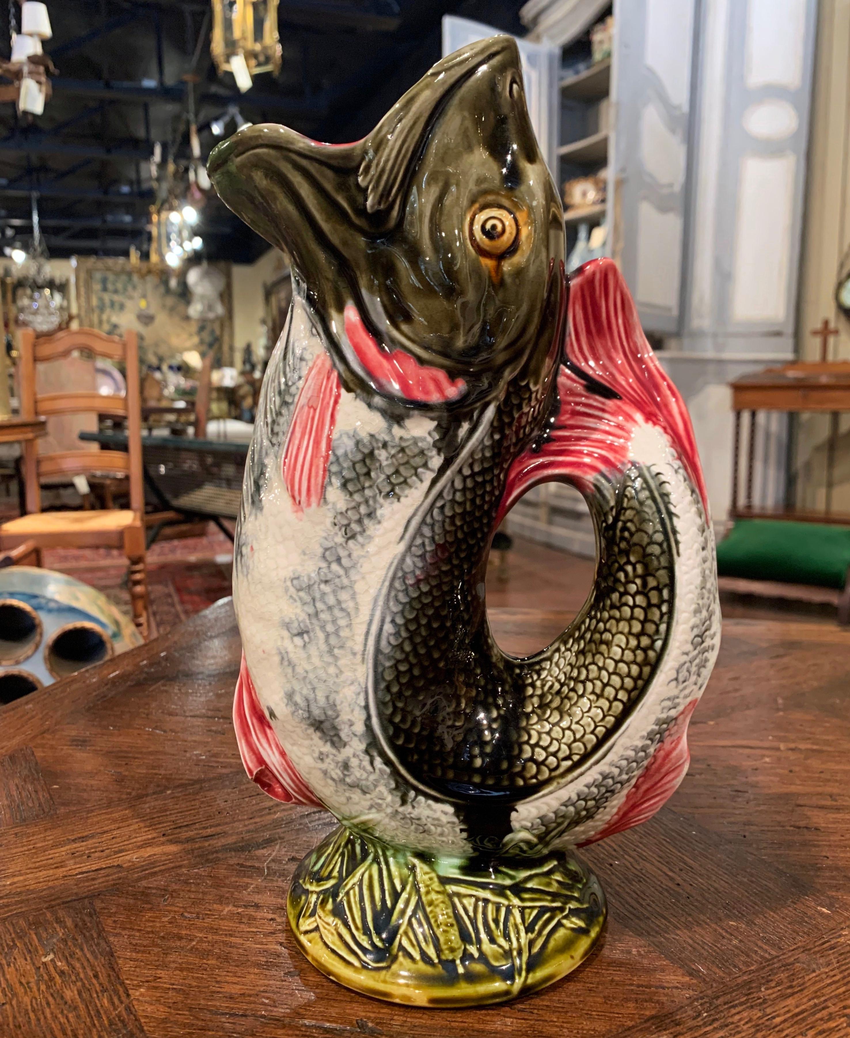 19th Century French Painted Ceramic Barbotine Fish Pitcher by Onnaing 2