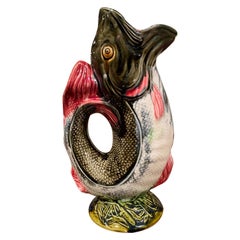 19th Century French Painted Ceramic Barbotine Fish Pitcher by Onnaing
