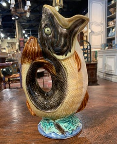 19th Century French Painted Ceramic Barbotine Fish Pitcher from Nimy les Mons