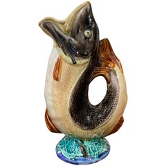 19th Century French Painted Ceramic Barbotine Fish Pitcher from Nimy les Mons