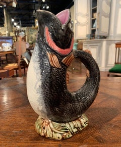 19th Century French Painted Ceramic Barbotine Fish Pitcher Onnaing Style