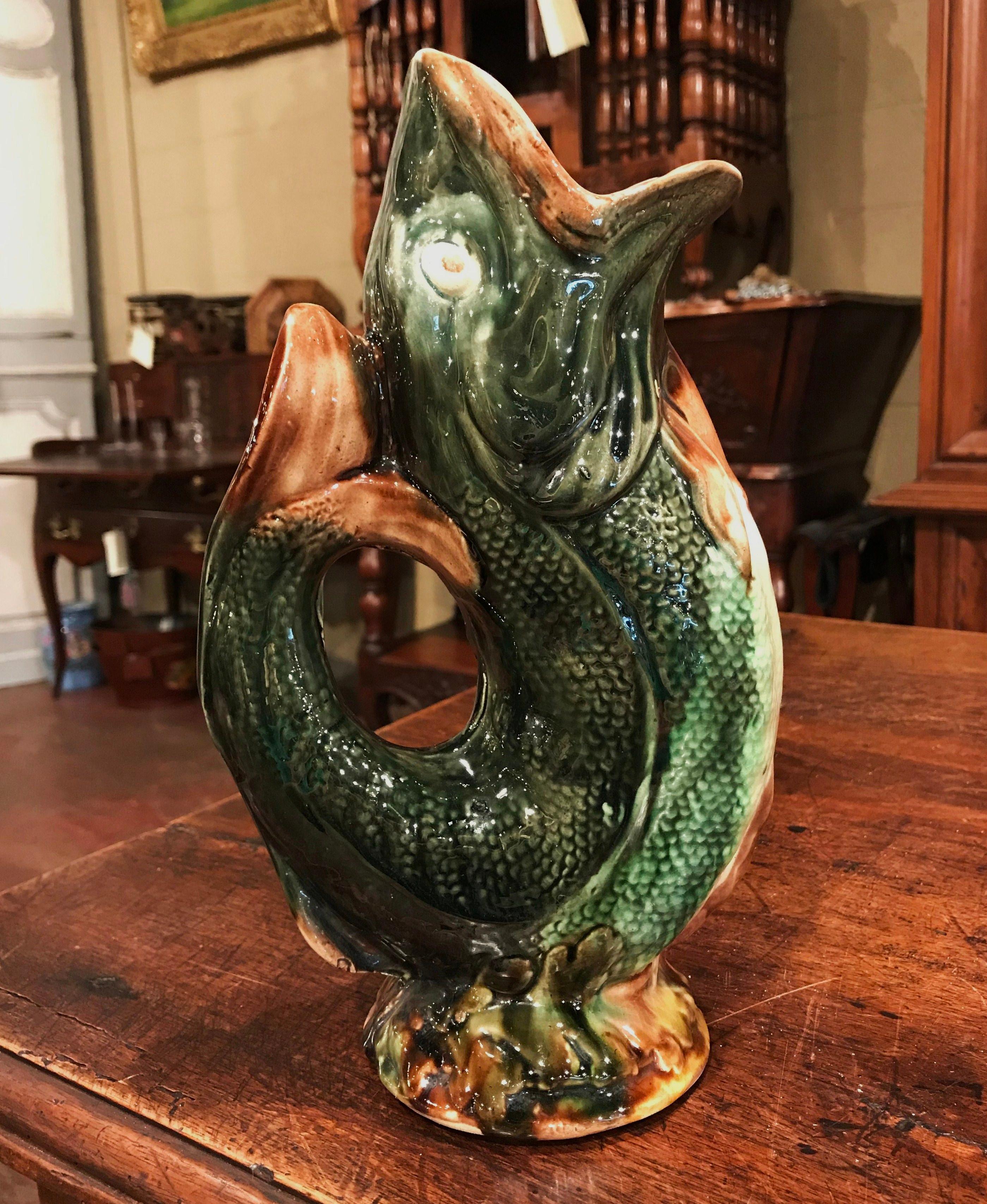 Hand-Crafted 19th Century French Painted Ceramic Barbotine Fish Pitcher Onnaing Style