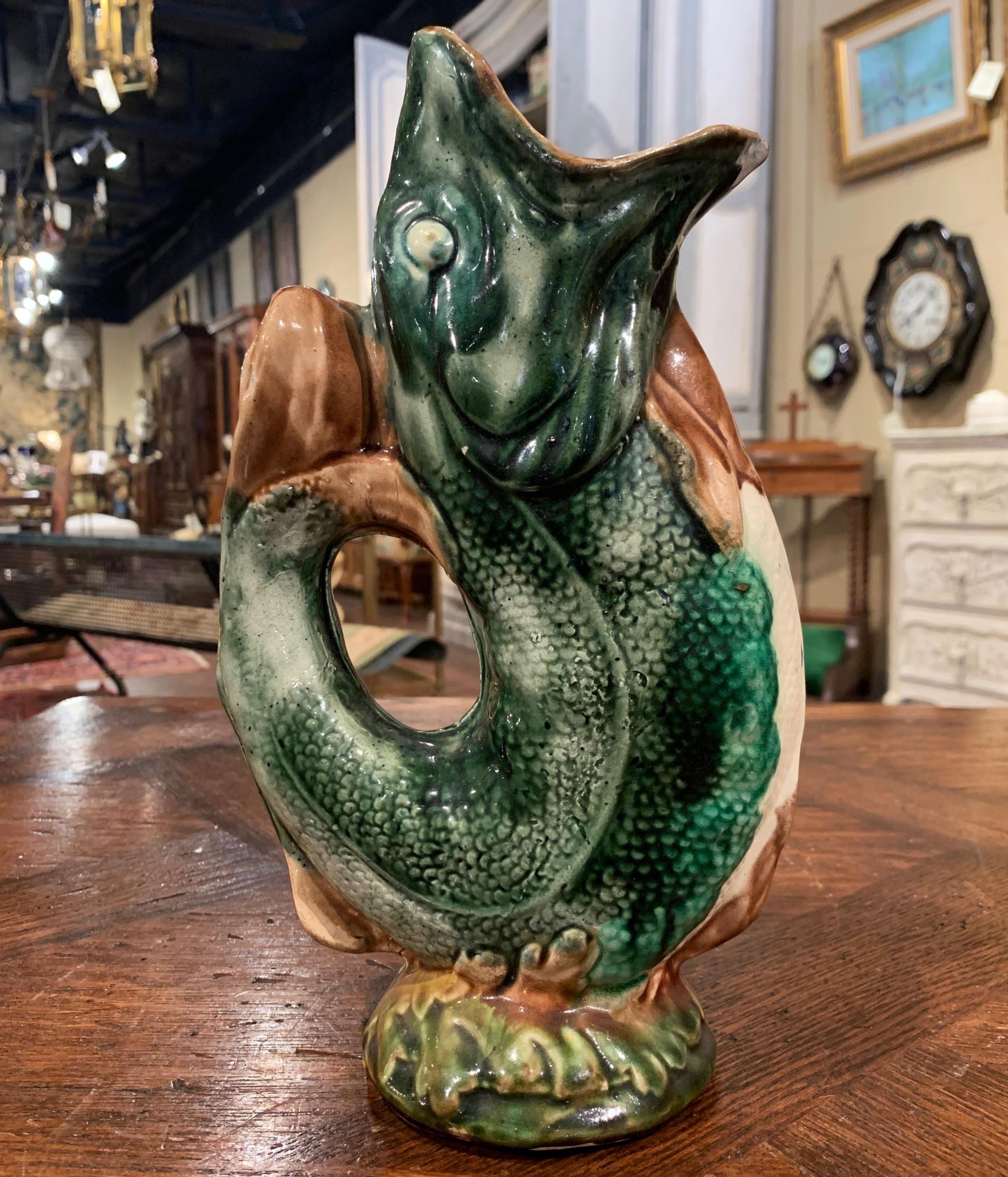 Hand-Crafted 19th Century French Painted Ceramic Barbotine Fish Pitcher Onnaing Style For Sale