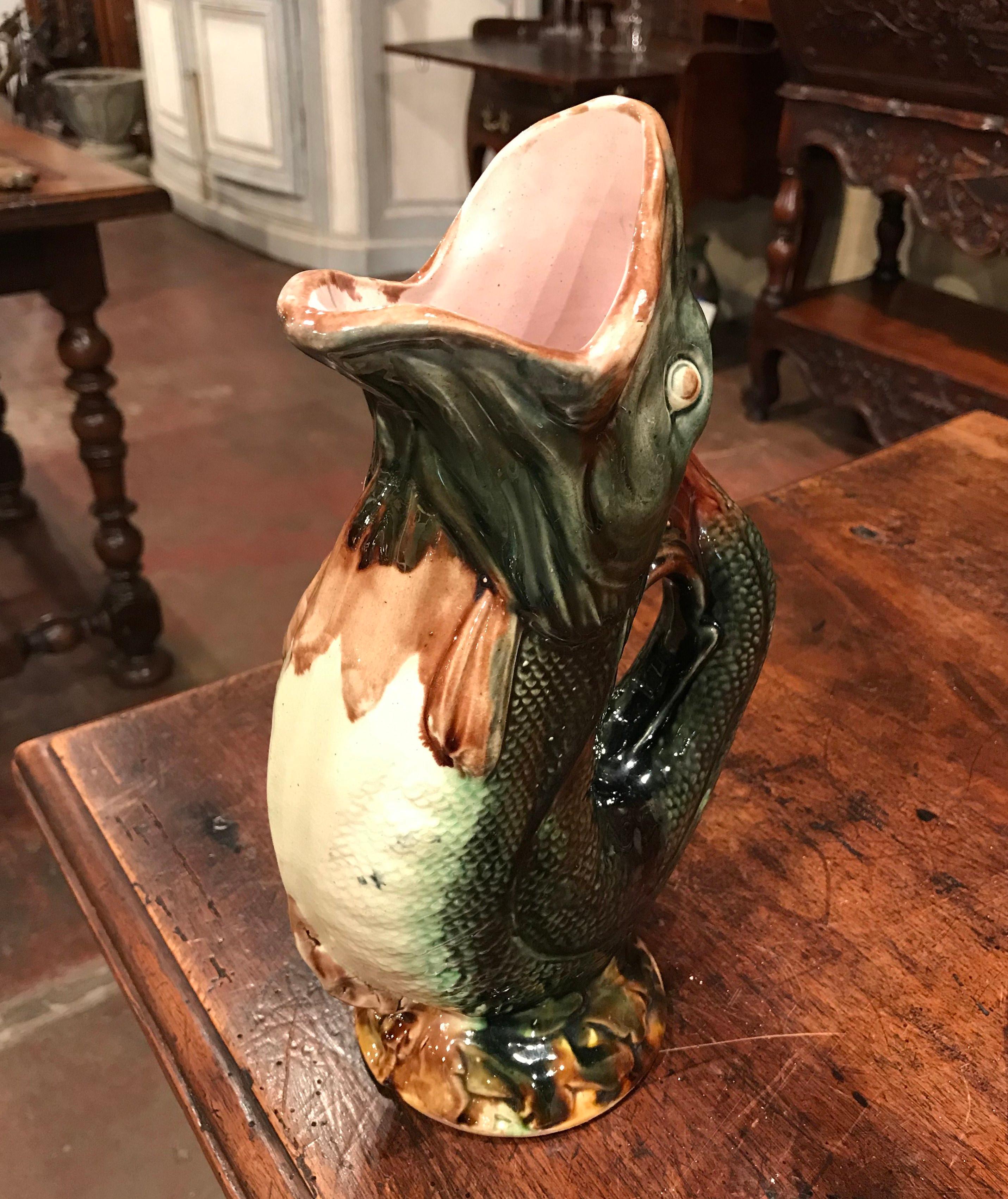 19th Century French Painted Ceramic Barbotine Fish Pitcher Onnaing Style 3