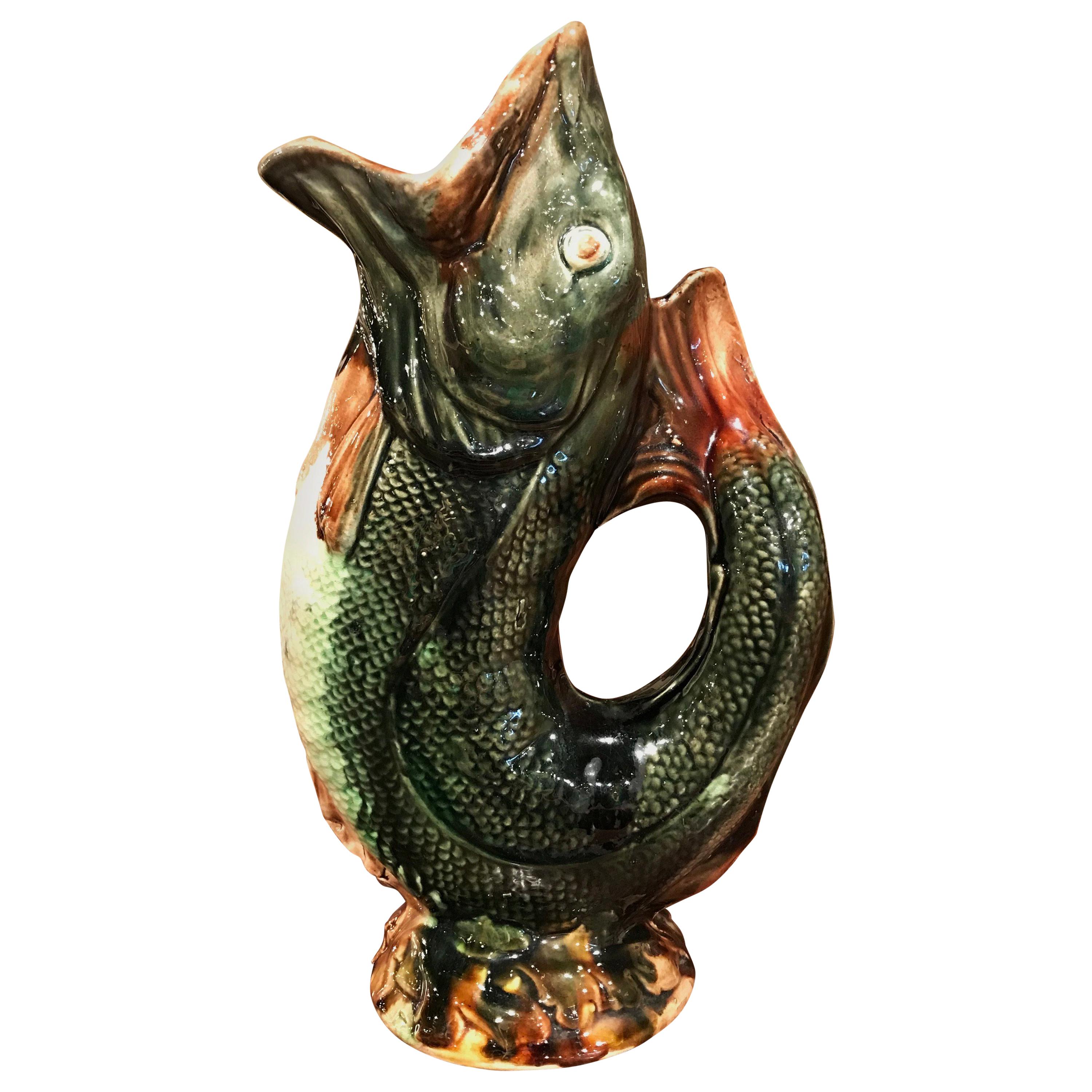 19th Century French Painted Ceramic Barbotine Fish Pitcher Onnaing Style