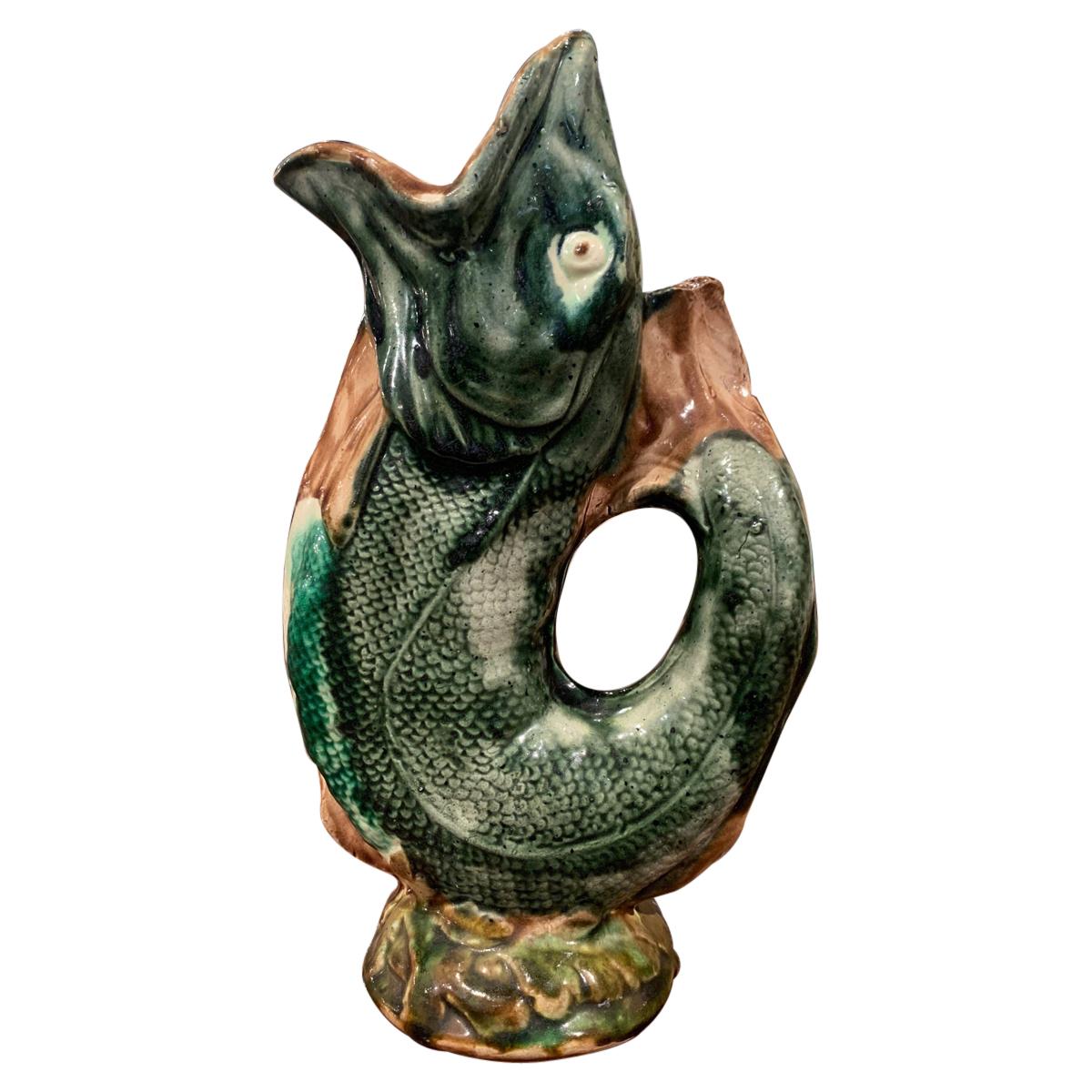19th Century French Painted Ceramic Barbotine Fish Pitcher Onnaing Style