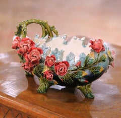 19th Century French Painted Ceramic Barbotine Floral Jardinière Planter