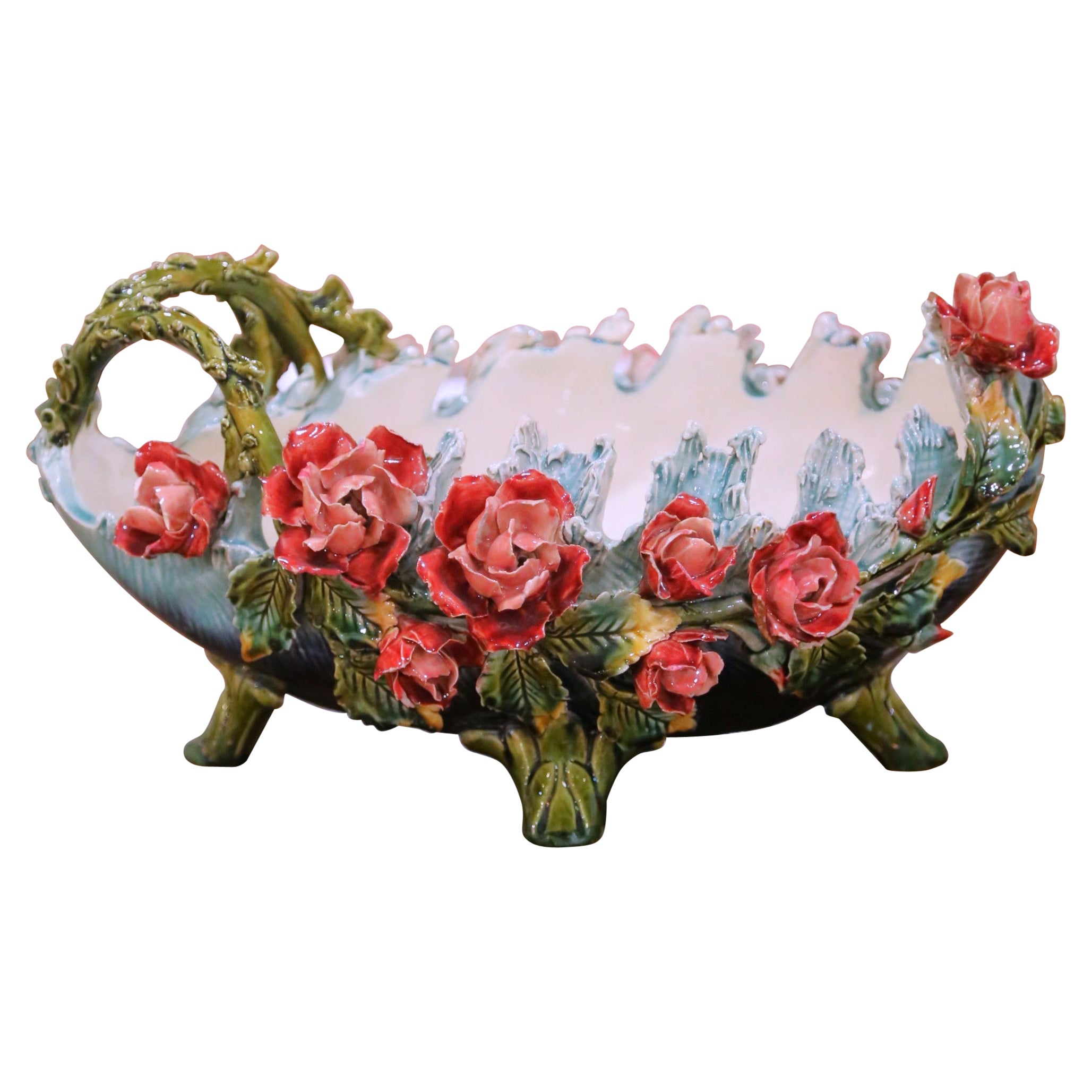 19th Century French Painted Ceramic Barbotine Floral Jardinière Planter