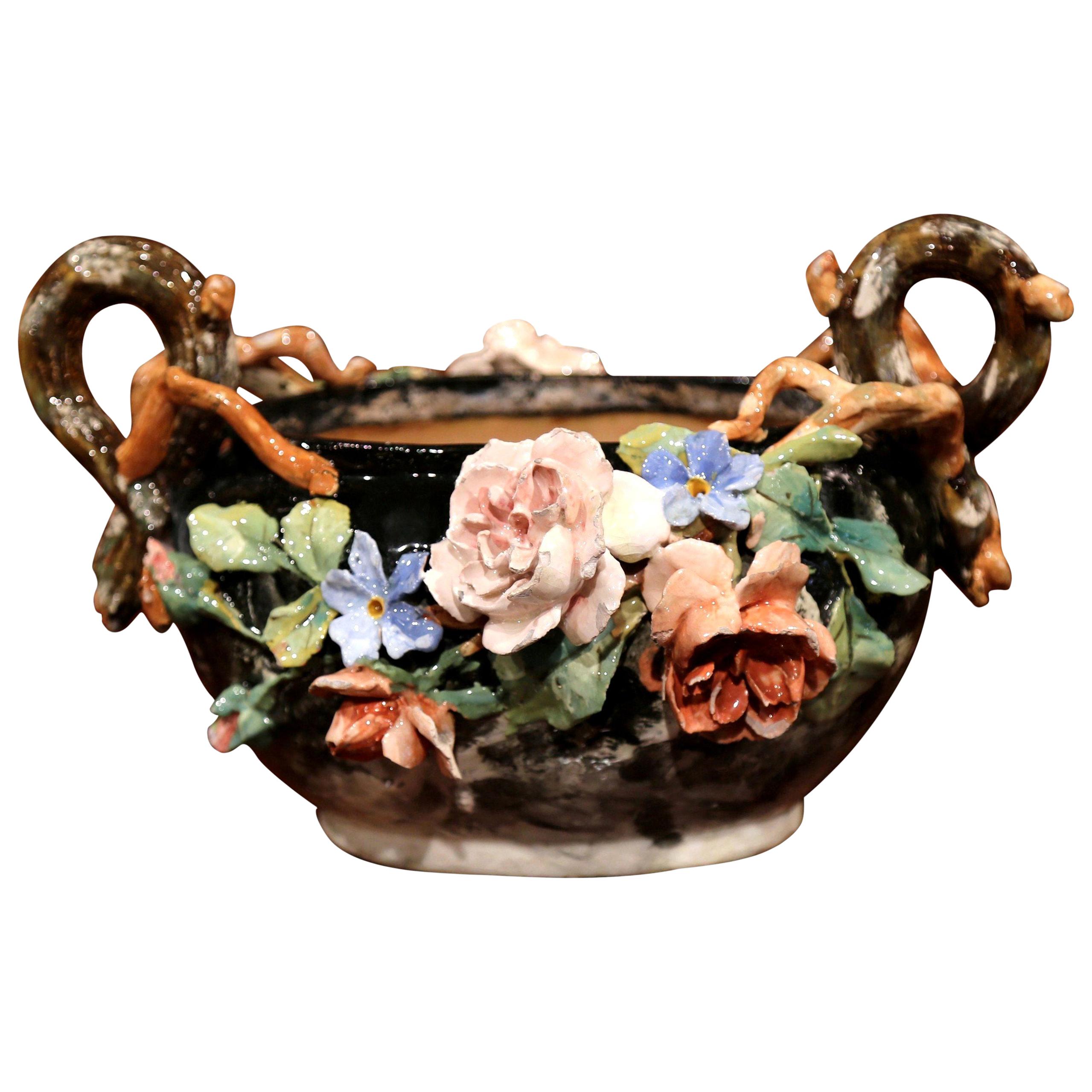 19th Century French Painted Ceramic Barbotine Jardinière with Floral Decor