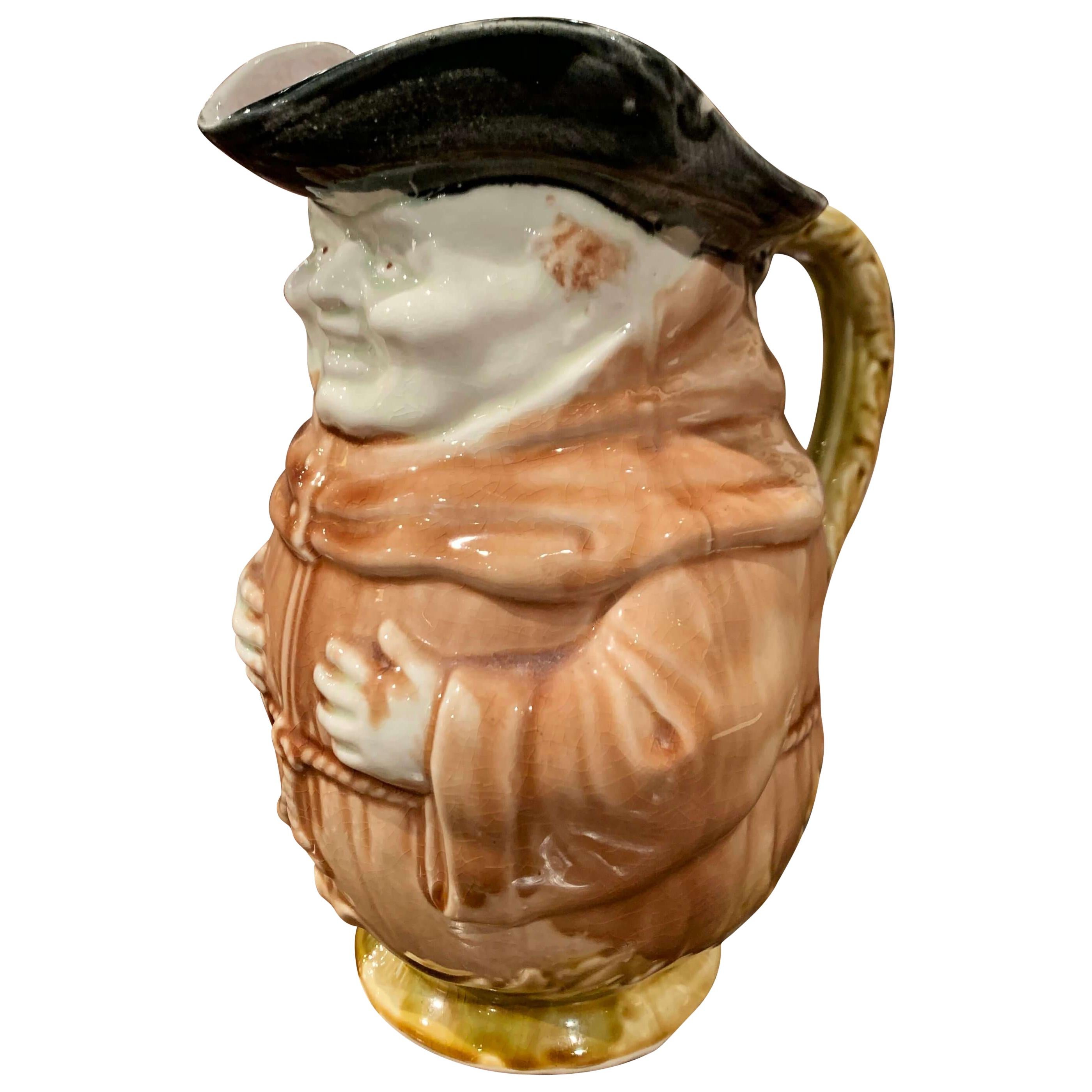 19th Century French Painted Ceramic Barbotine Monk Pitcher from Onnaing For Sale