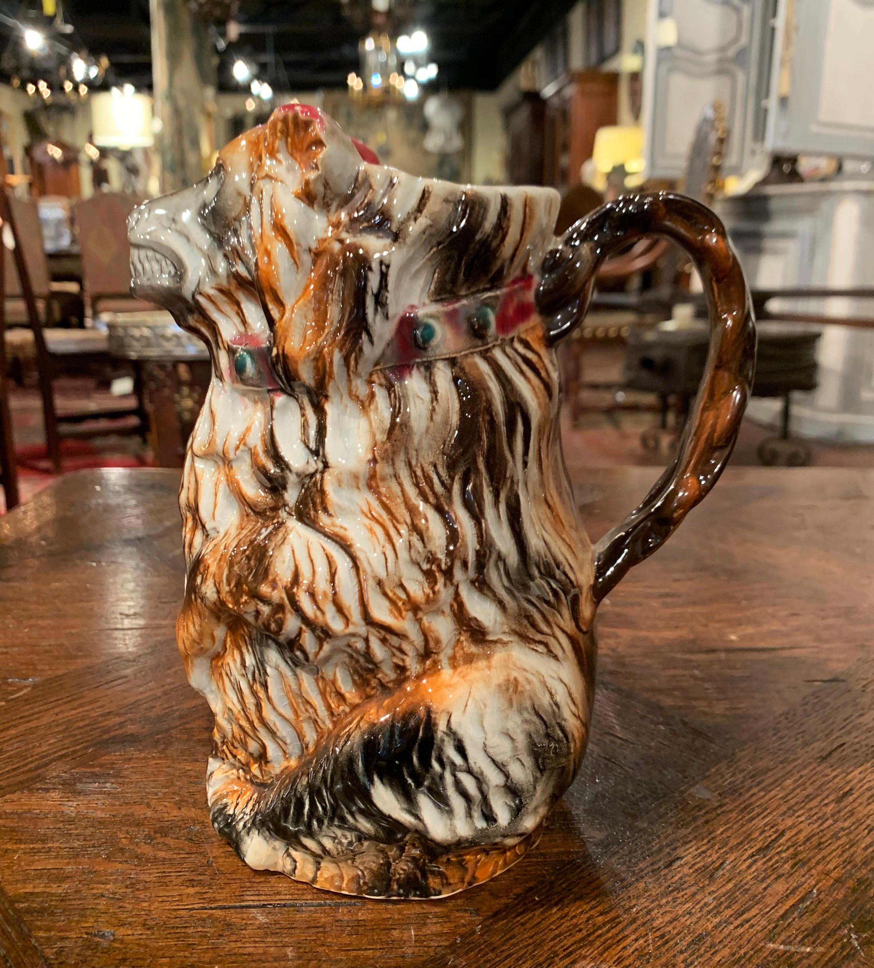 19th Century French Painted Ceramic Barbotine Poet-Laval Bear Pitcher In Excellent Condition In Dallas, TX