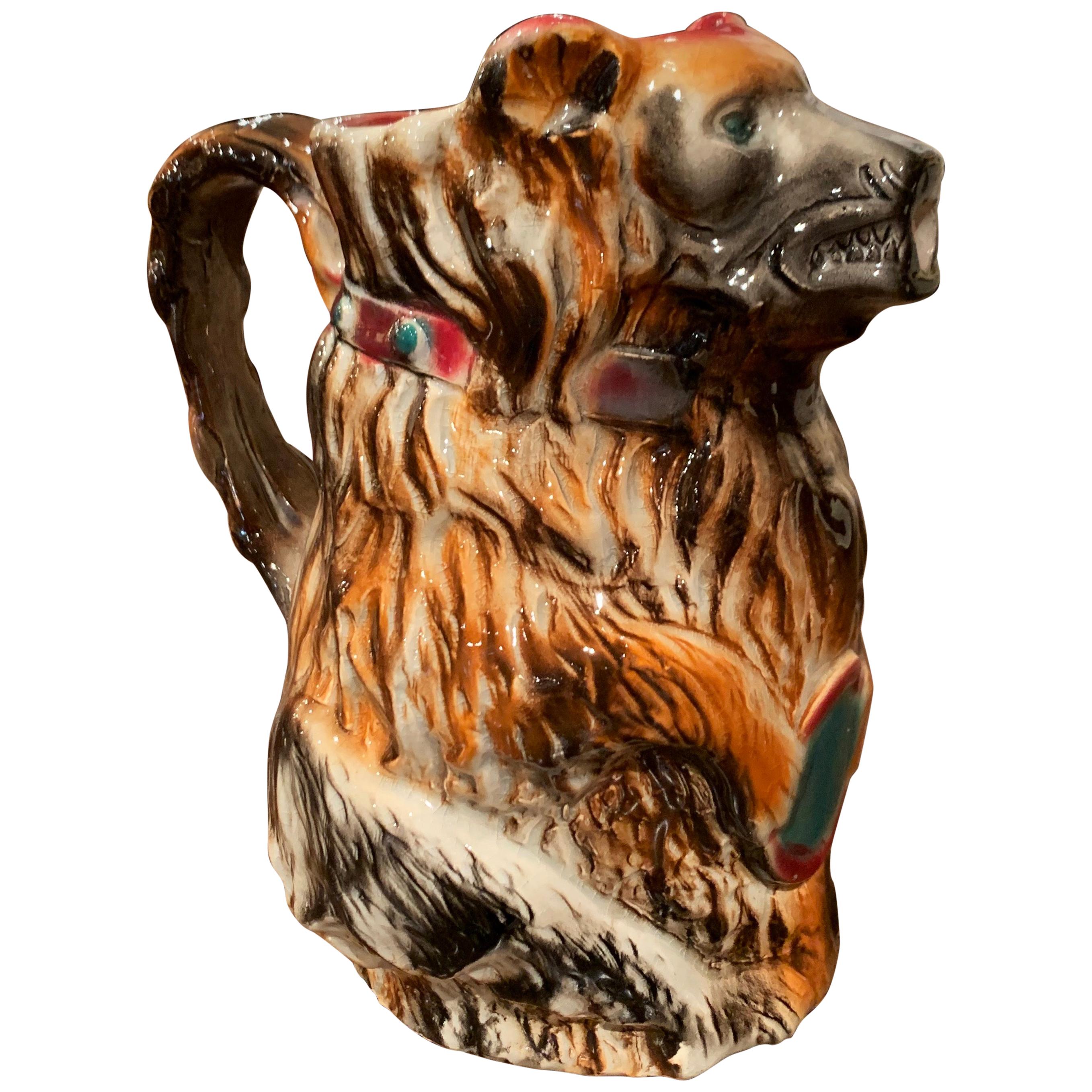 19th Century French Painted Ceramic Barbotine Poet-Laval Bear Pitcher
