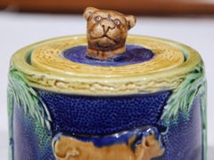 19th Century French Painted Ceramic Barbotine Sugar Bowl with Lid and Cow Decor