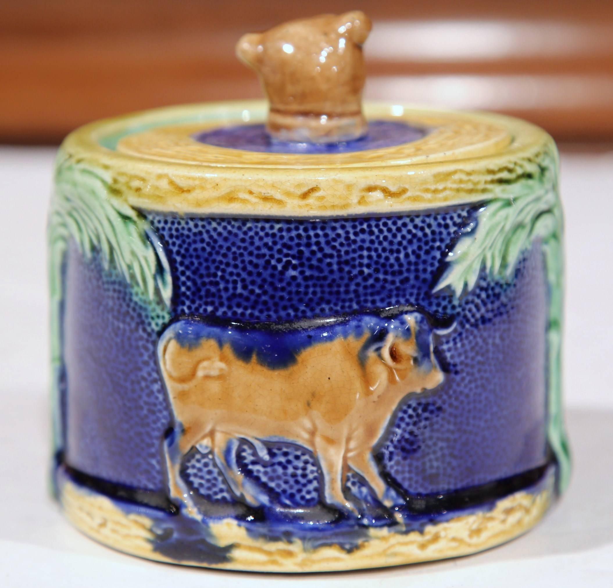 Hand-Crafted 19th Century French Painted Ceramic Barbotine Sugar Bowl with Lid and Cow Decor