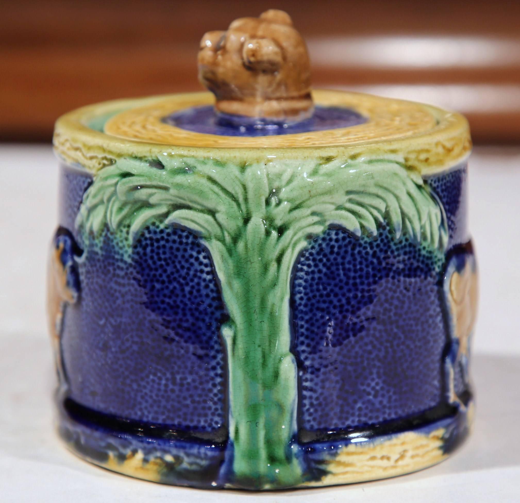 19th Century French Painted Ceramic Barbotine Sugar Bowl with Lid and Cow Decor In Excellent Condition In Dallas, TX