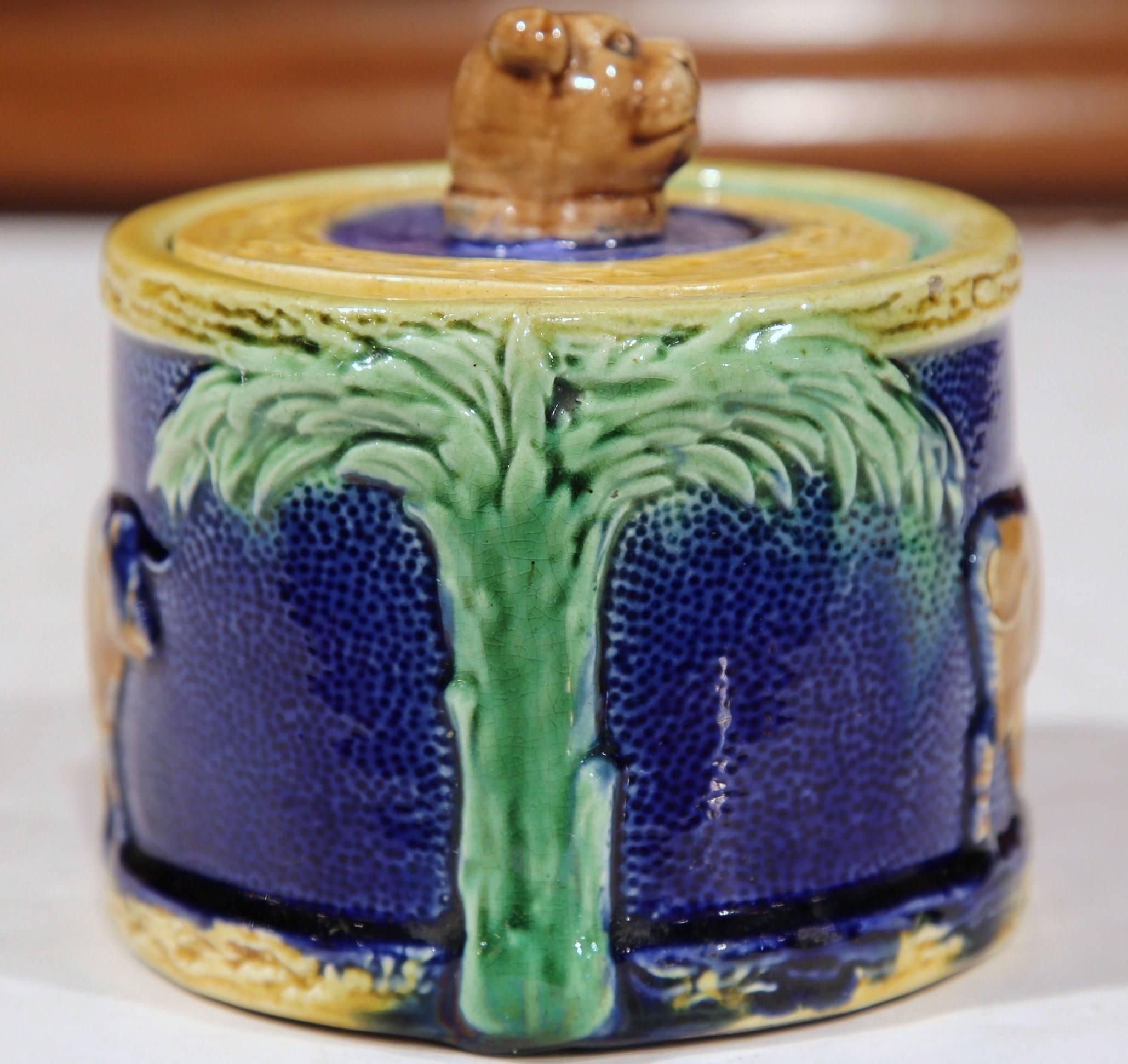 19th Century French Painted Ceramic Barbotine Sugar Bowl with Lid and Cow Decor 1