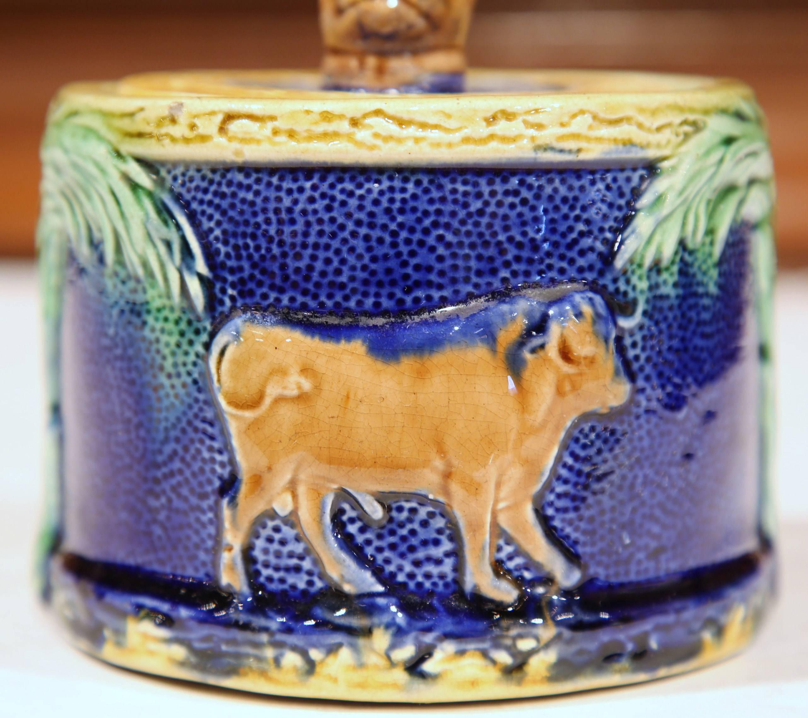 19th Century French Painted Ceramic Barbotine Sugar Bowl with Lid and Cow Decor 2