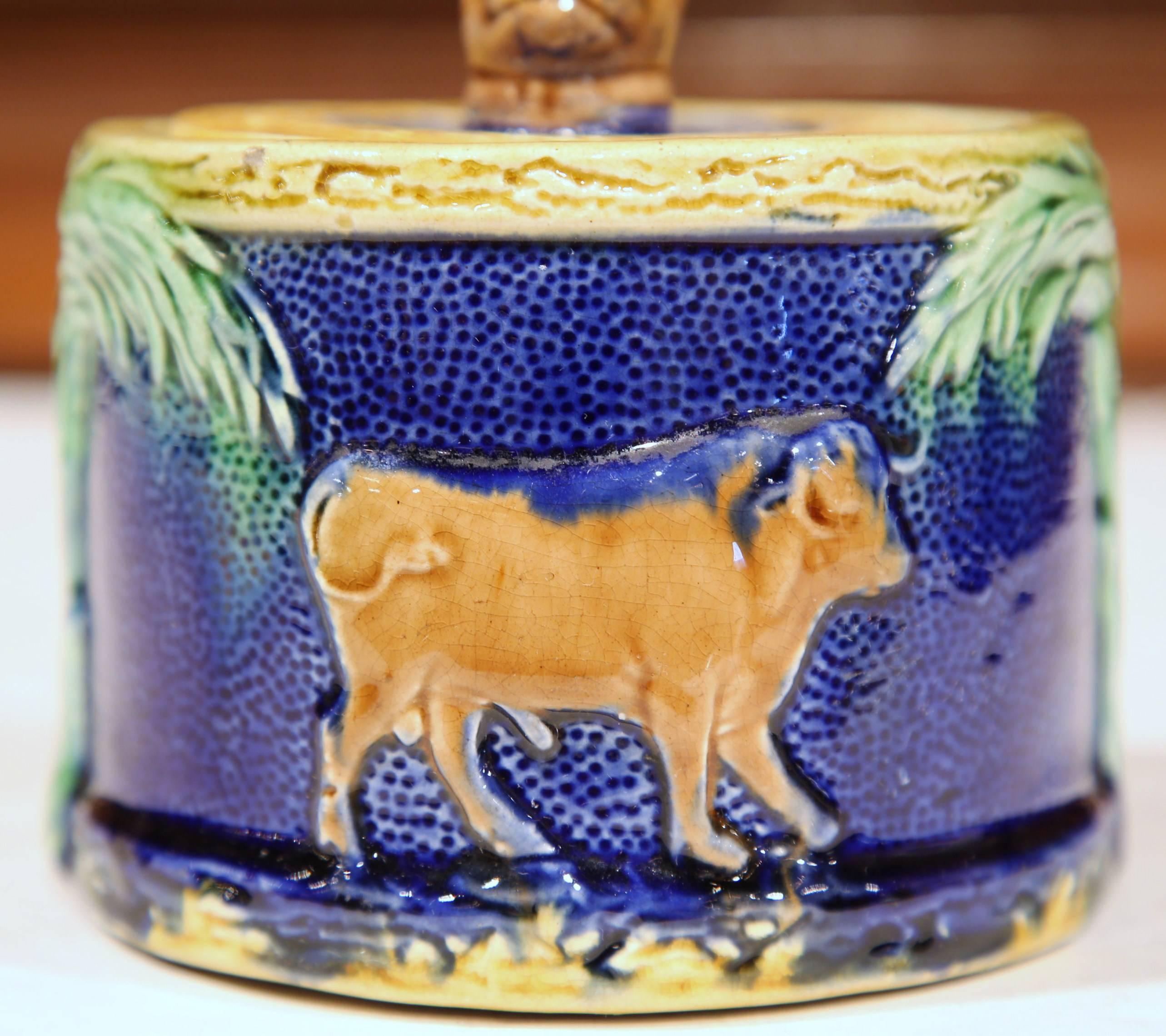 19th Century French Painted Ceramic Barbotine Sugar Bowl with Lid and Cow Decor For Sale 1