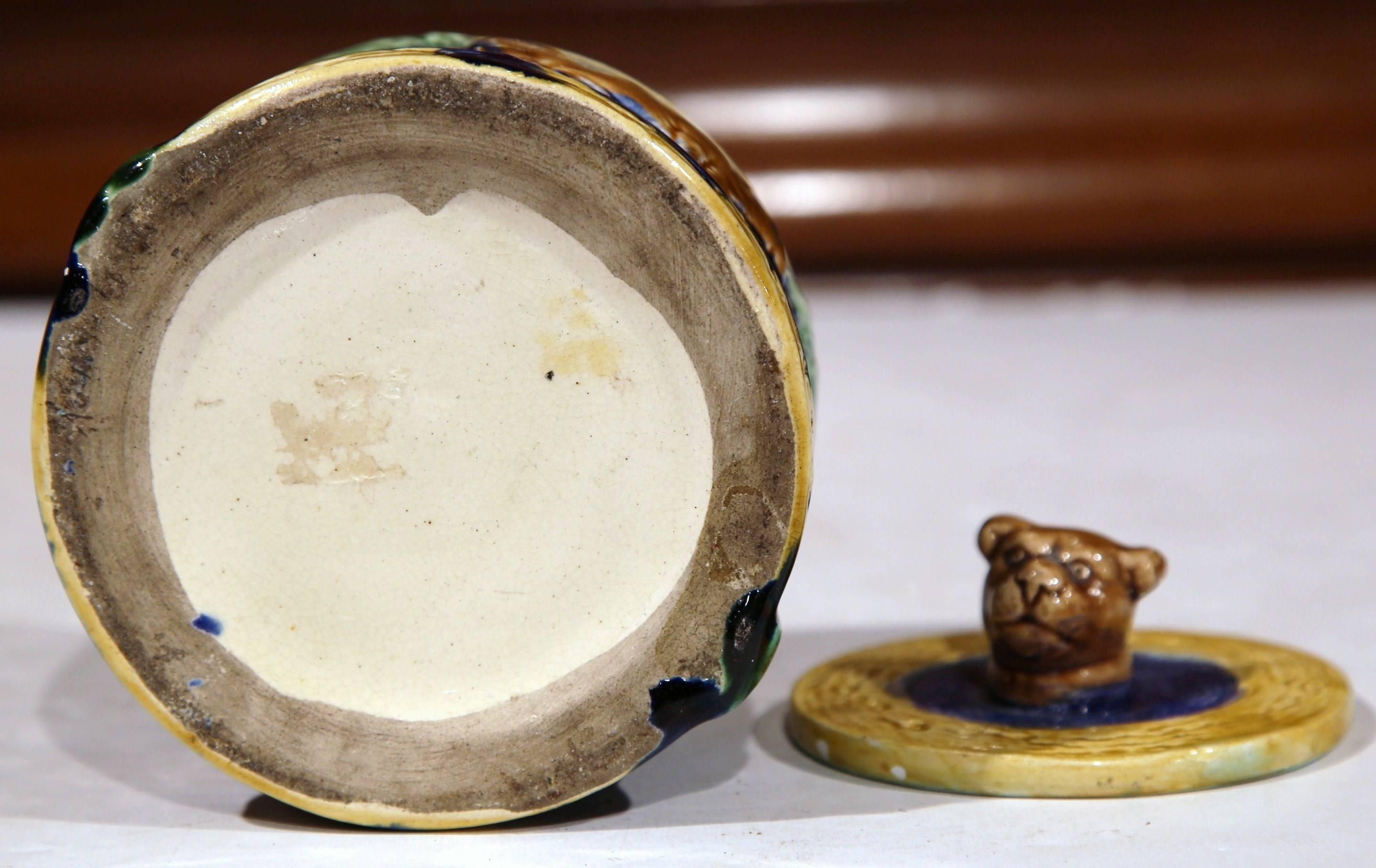 19th Century French Painted Ceramic Barbotine Sugar Bowl with Lid and Cow Decor 4