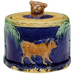 19th Century French Painted Ceramic Barbotine Sugar Bowl with Lid and Cow Decor