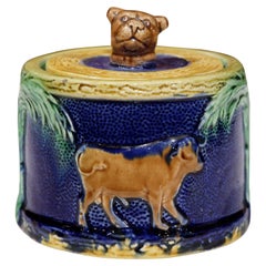 19th Century French Painted Ceramic Barbotine Sugar Bowl with Lid and Cow Decor