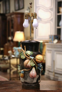 19th Century French Painted Ceramic Barbotine Table Lamp from Montigny-sur-Loing