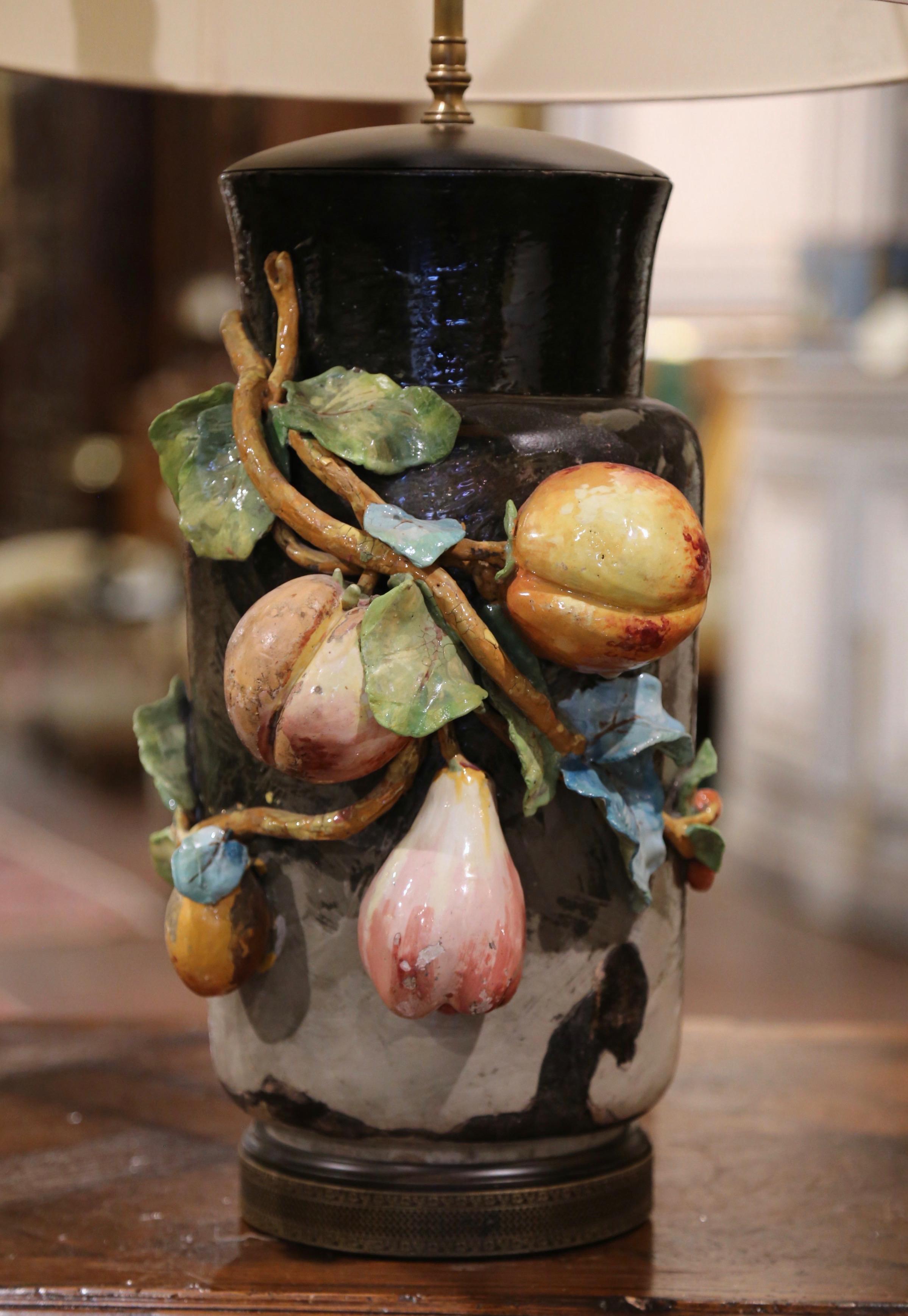 Hand-Crafted 19th Century French Painted Ceramic Barbotine Table Lamp from Montigny-sur-Loing