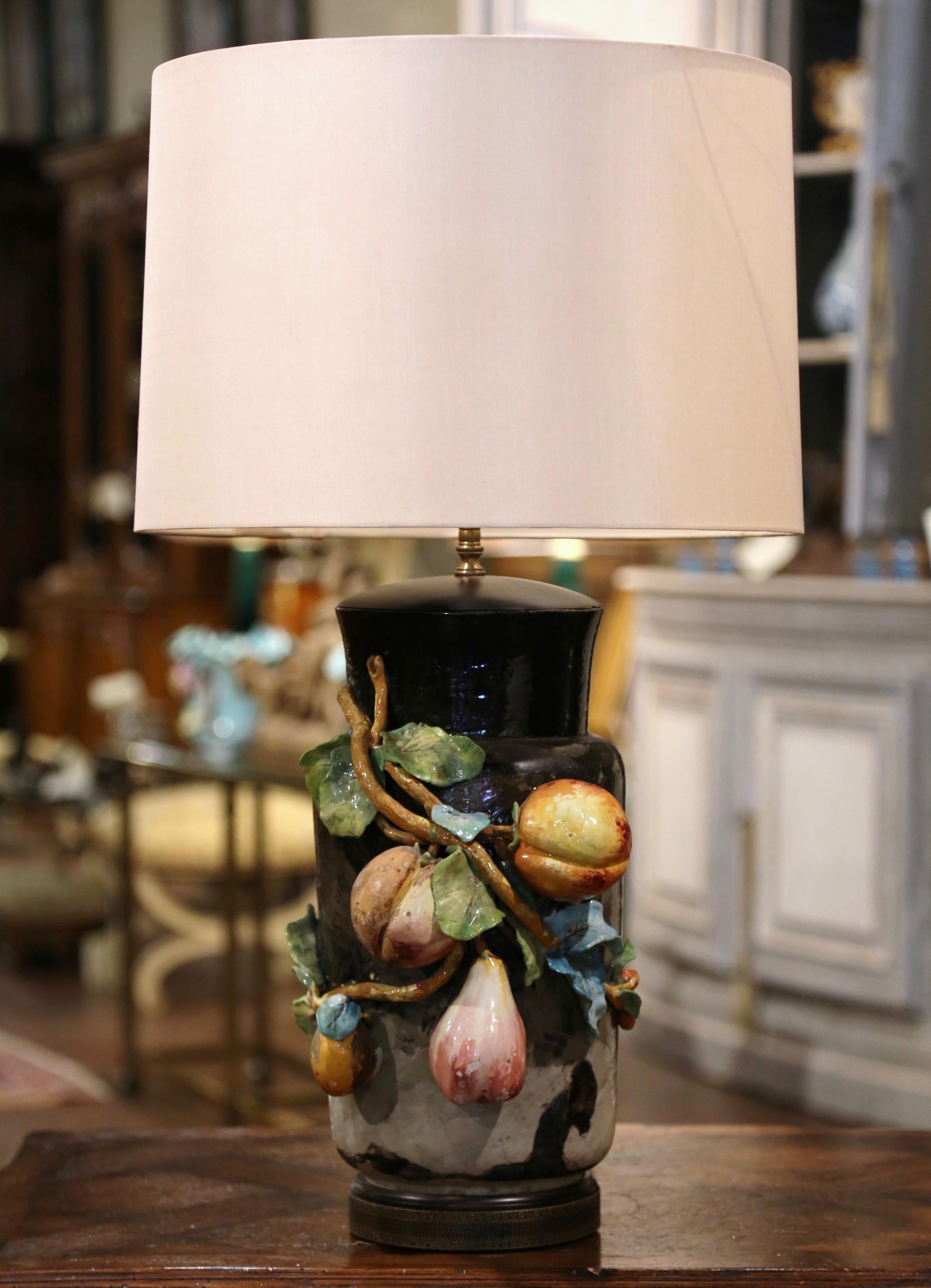 Majolica 19th Century French Painted Ceramic Barbotine Table Lamp from Montigny-sur-Loing