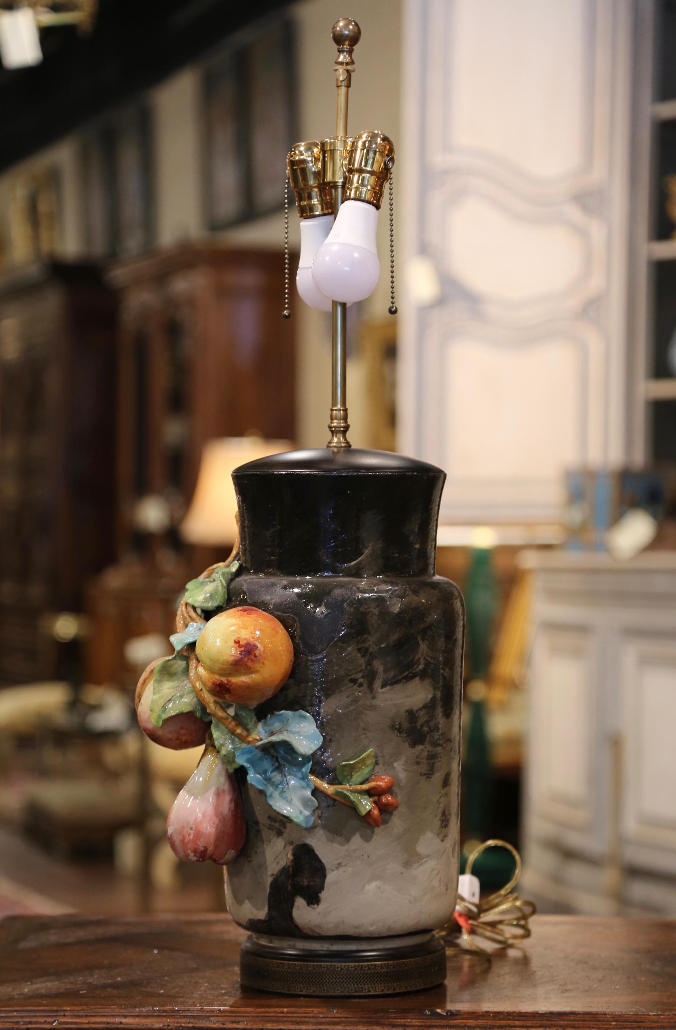 19th Century French Painted Ceramic Barbotine Table Lamp from Montigny-sur-Loing 1