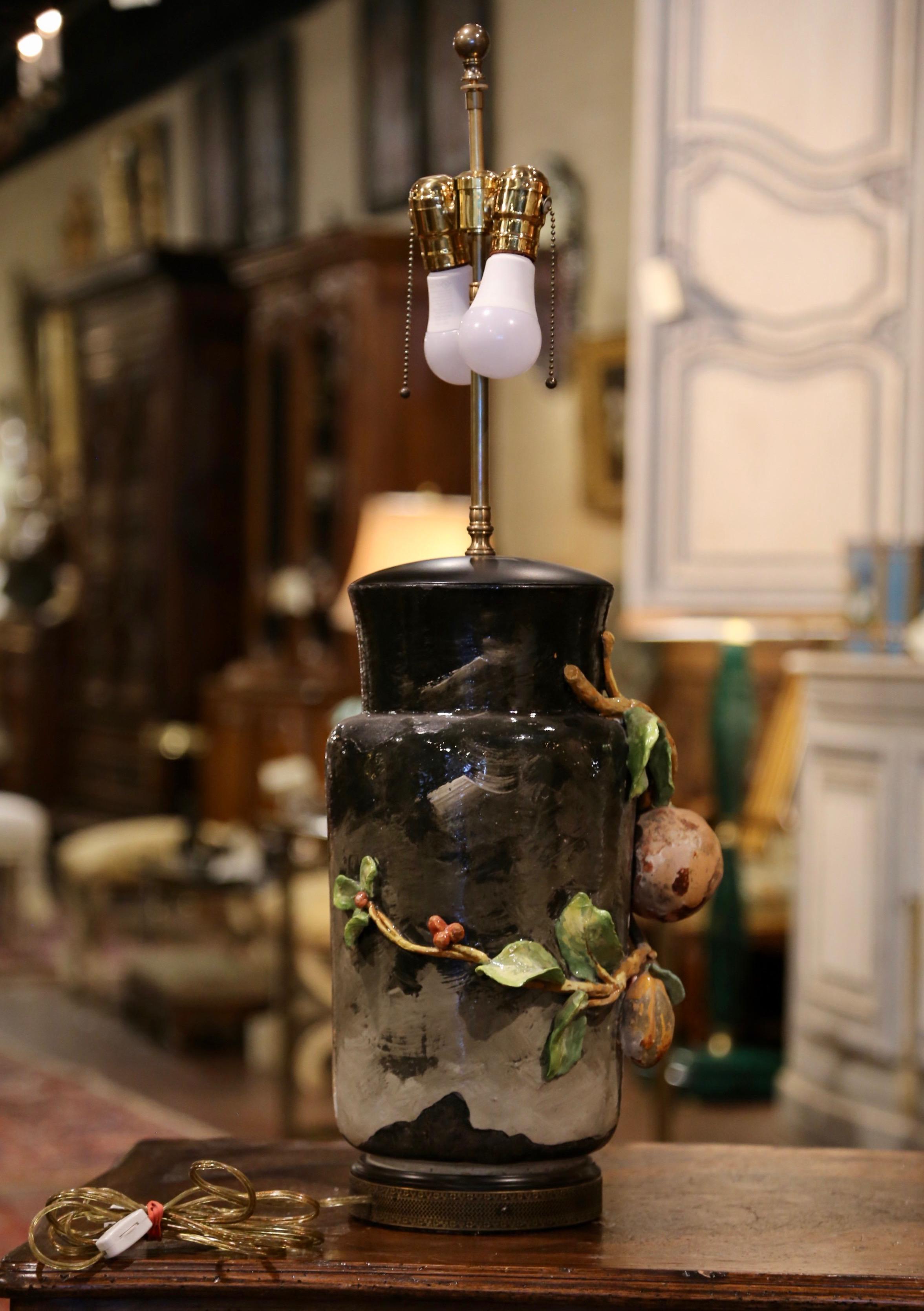 19th Century French Painted Ceramic Barbotine Table Lamp from Montigny-sur-Loing 3