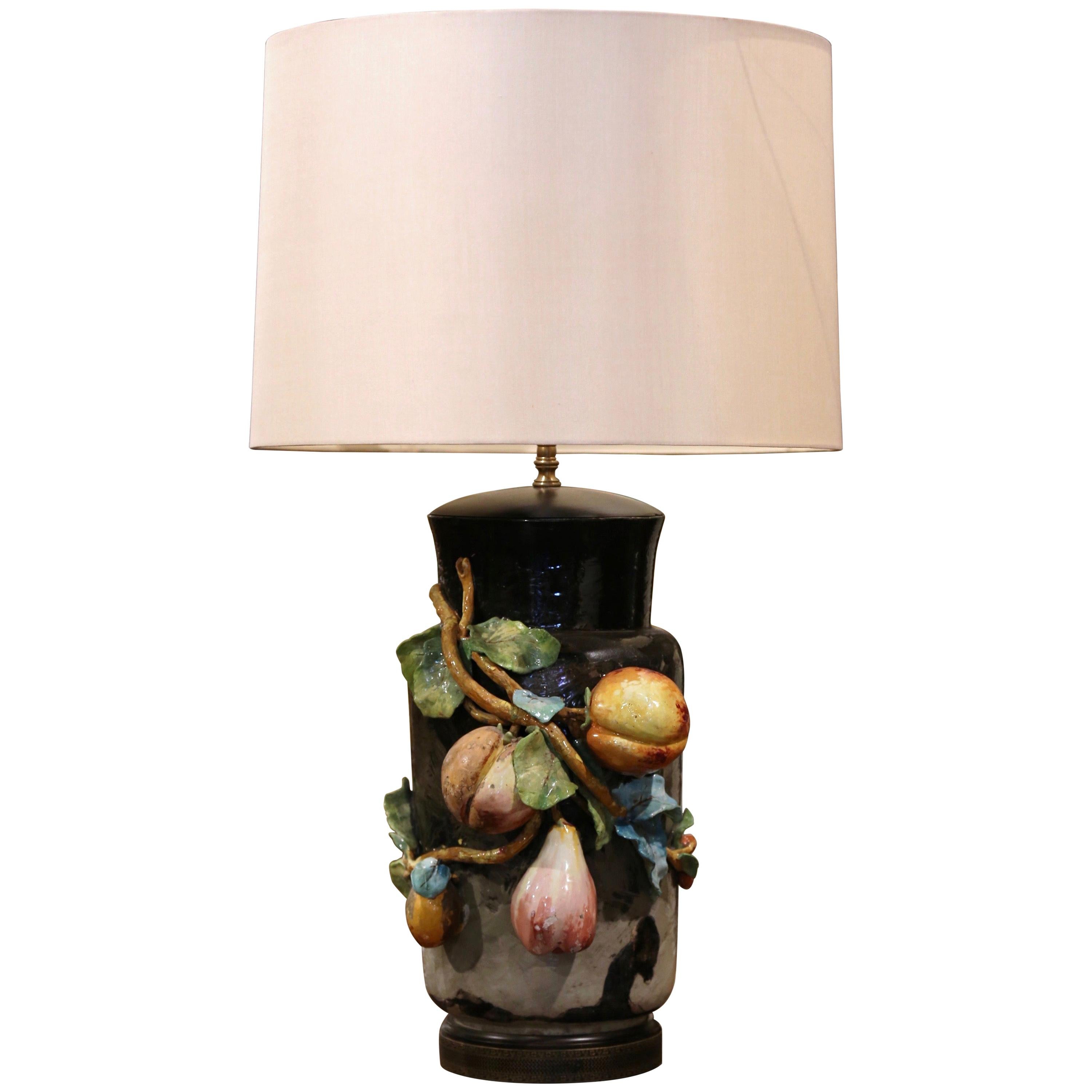 19th Century French Painted Ceramic Barbotine Table Lamp from Montigny-sur-Loing