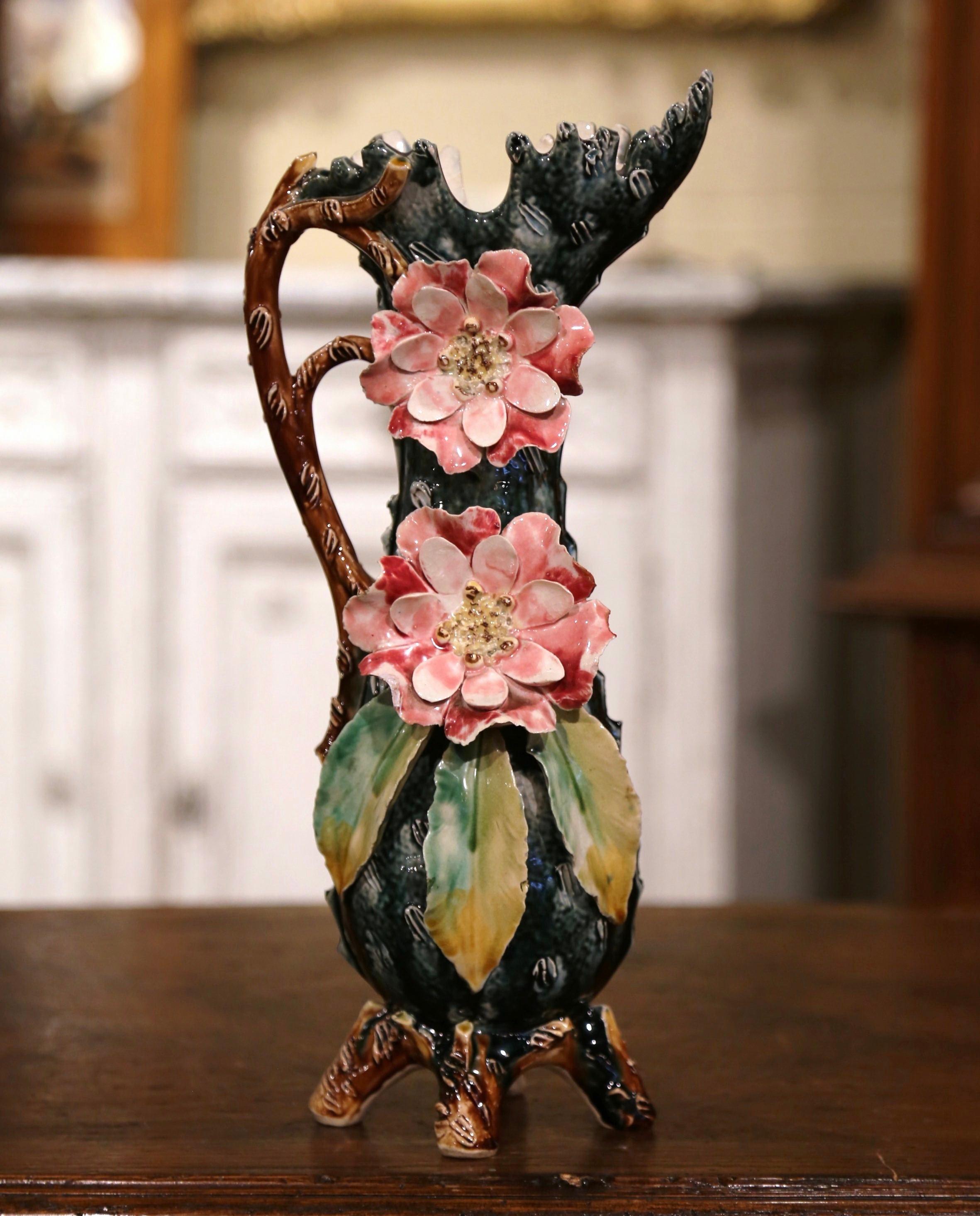 Hand-Crafted 19th Century French Painted Ceramic Barbotine Vase with Floral and Branch Motifs