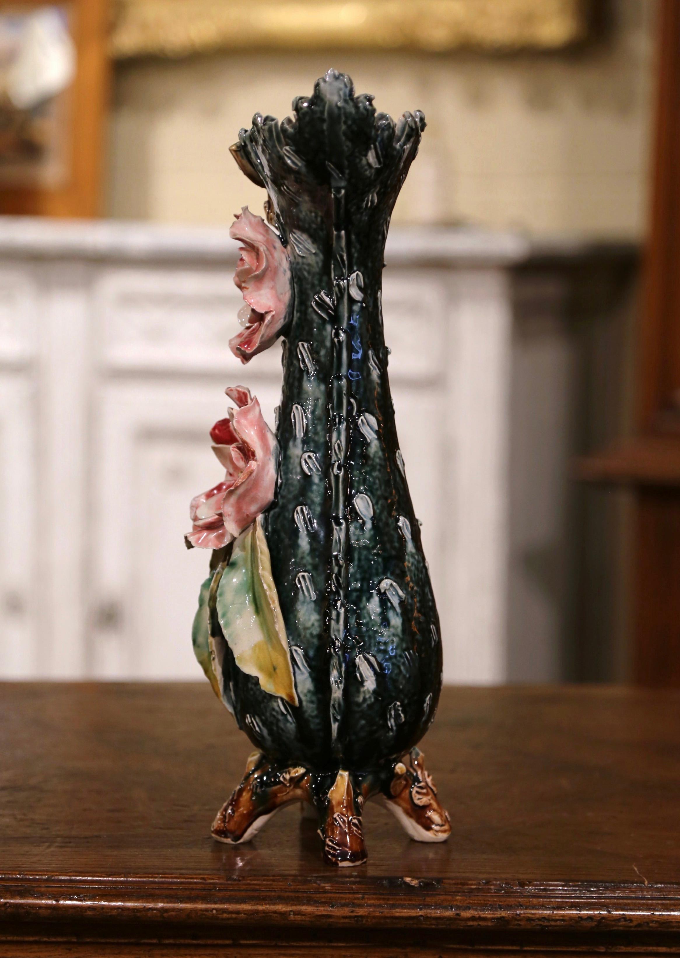 19th Century French Painted Ceramic Barbotine Vase with Floral and Branch Motifs In Excellent Condition In Dallas, TX