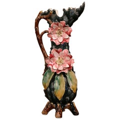 Antique 19th Century French Painted Ceramic Barbotine Vase with Floral and Branch Motifs