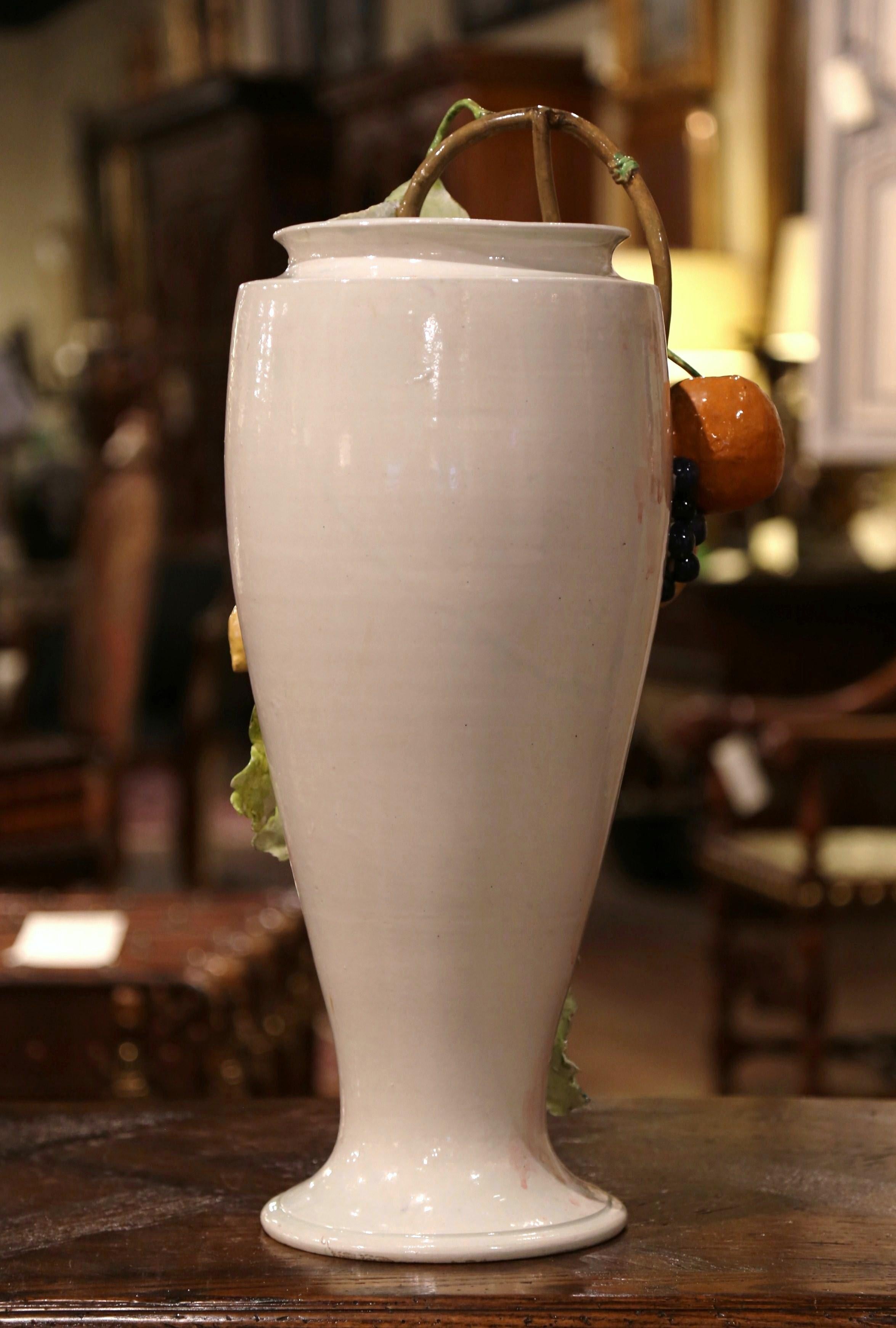 19th Century French Painted Ceramic Barbotine Vase with Fruit and Foliage Decor 6