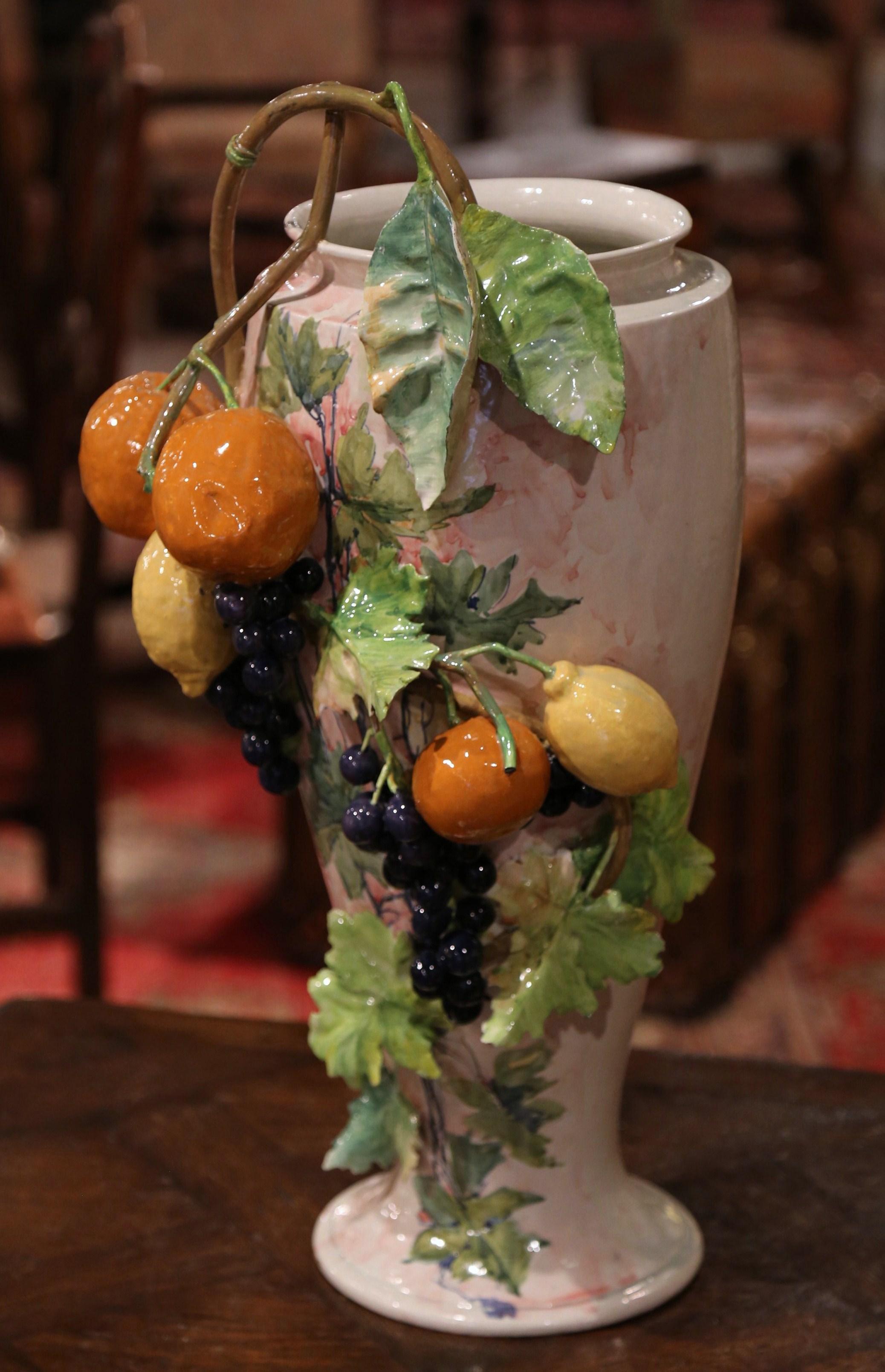 Hand-Crafted 19th Century French Painted Ceramic Barbotine Vase with Fruit and Foliage Decor