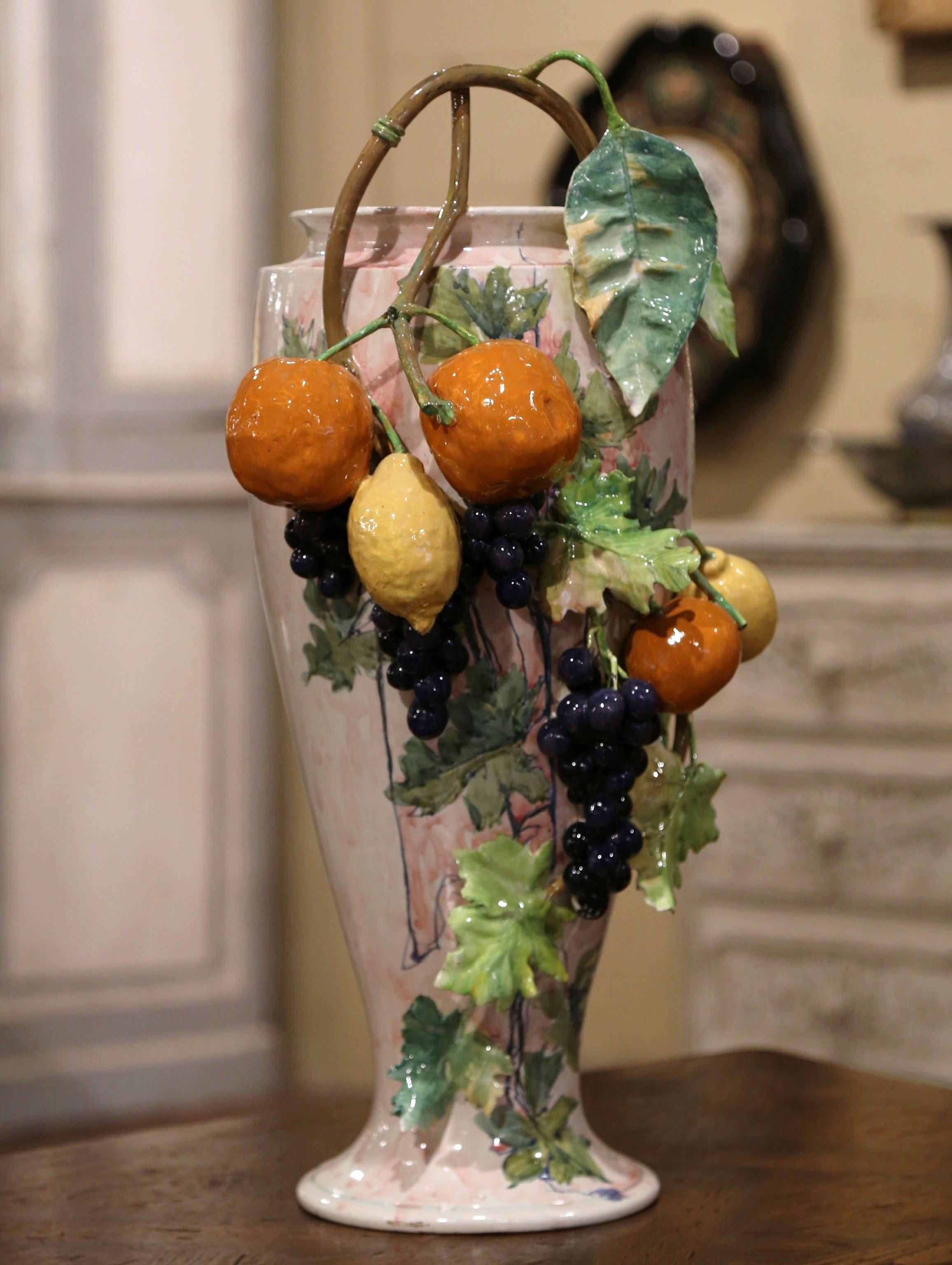 19th Century French Painted Ceramic Barbotine Vase with Fruit and Foliage Decor In Excellent Condition In Dallas, TX